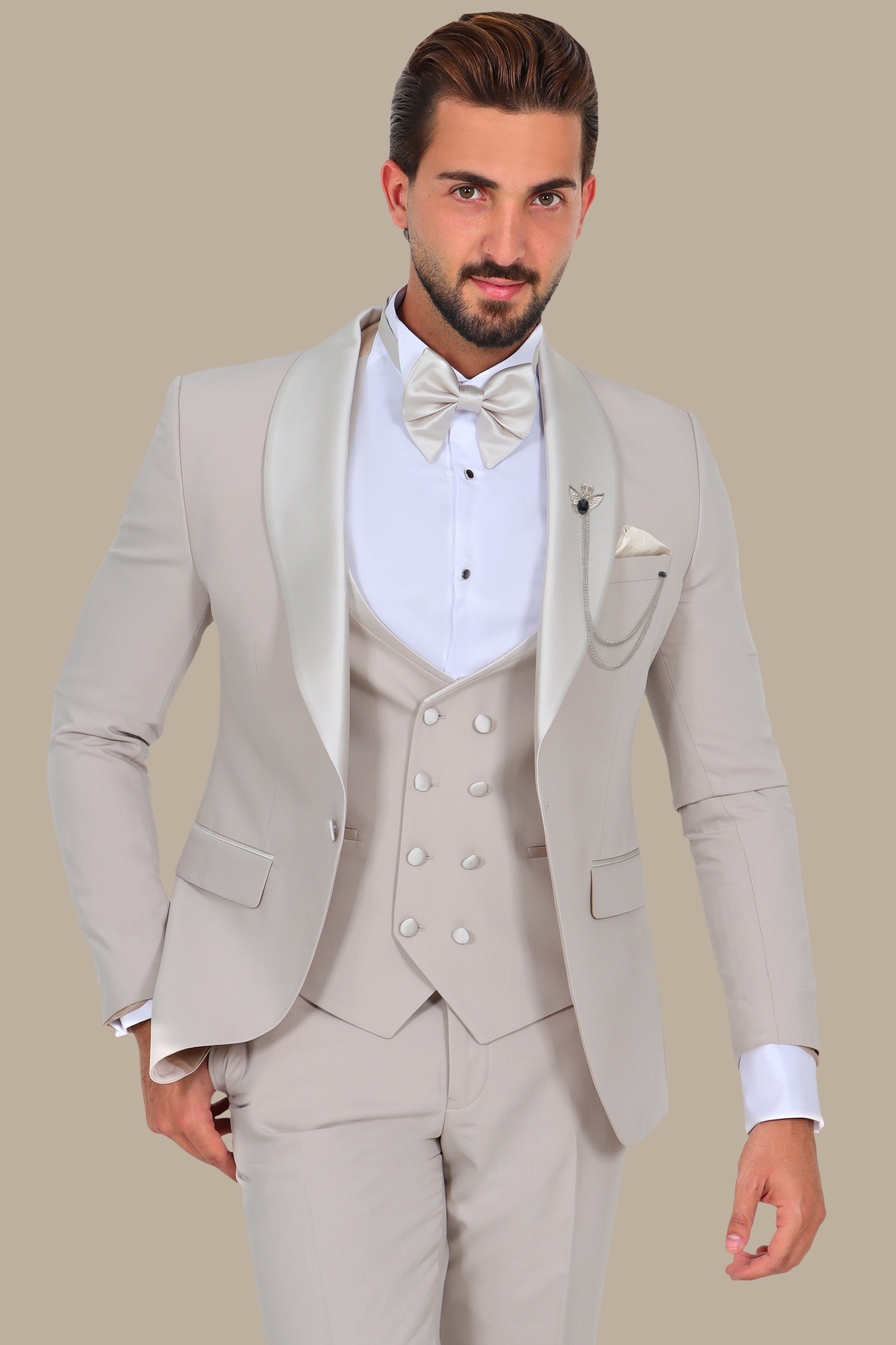 Light Beige 4-Piece Tuxedo with Shawl Collar and Classic Pocket