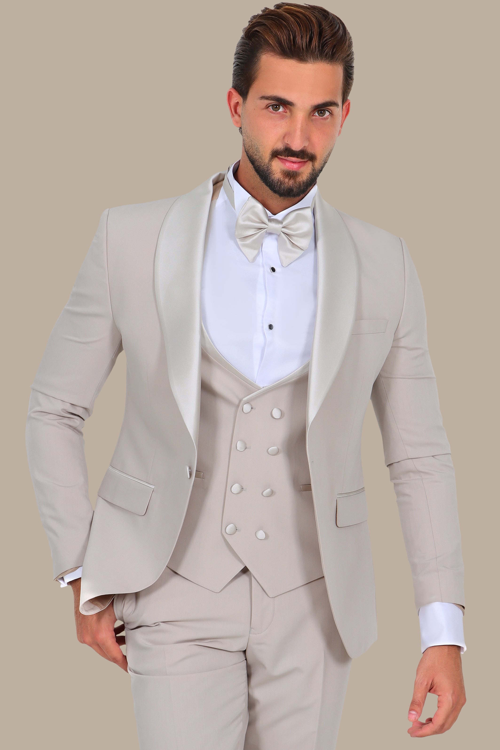 Light Beige 4-Piece Tuxedo with Shawl Collar and Classic Pocket