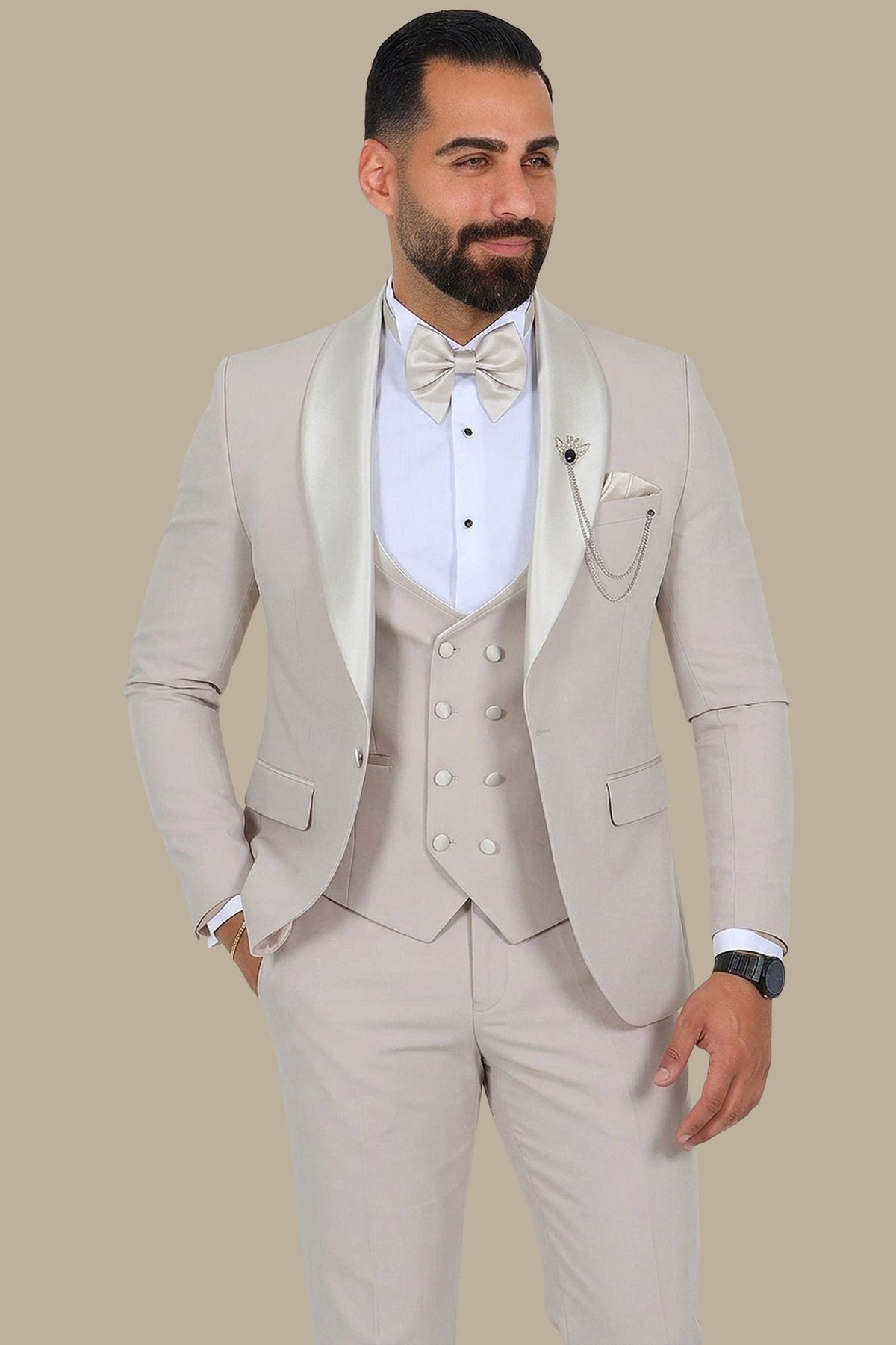 Light Beige 4-Piece Tuxedo with Shawl Collar and Classic Pocket