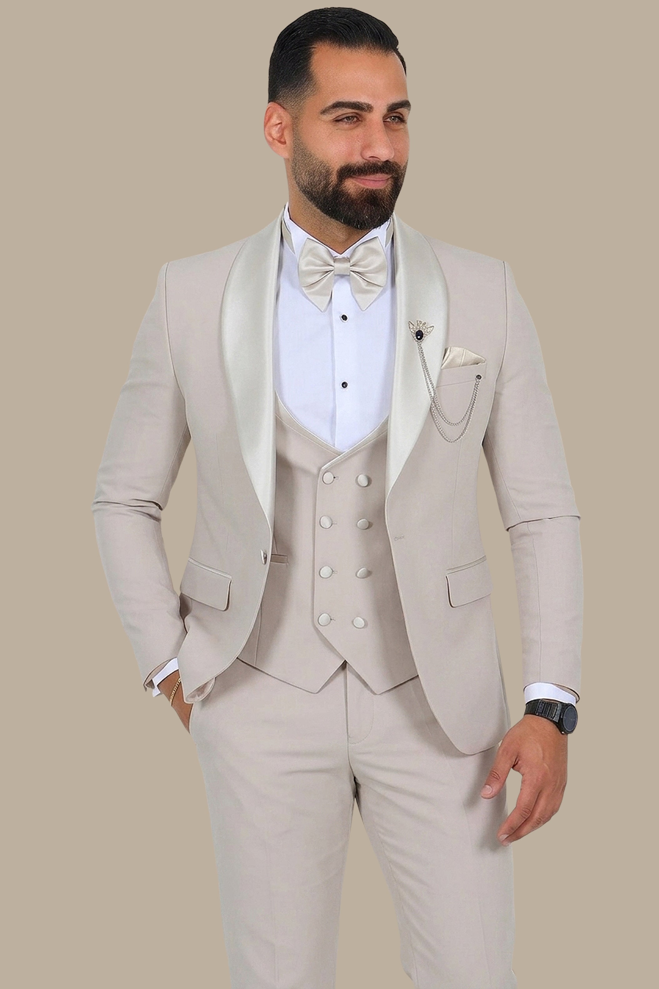 Light Beige 4-Piece Tuxedo with Shawl Collar and Classic Pocket