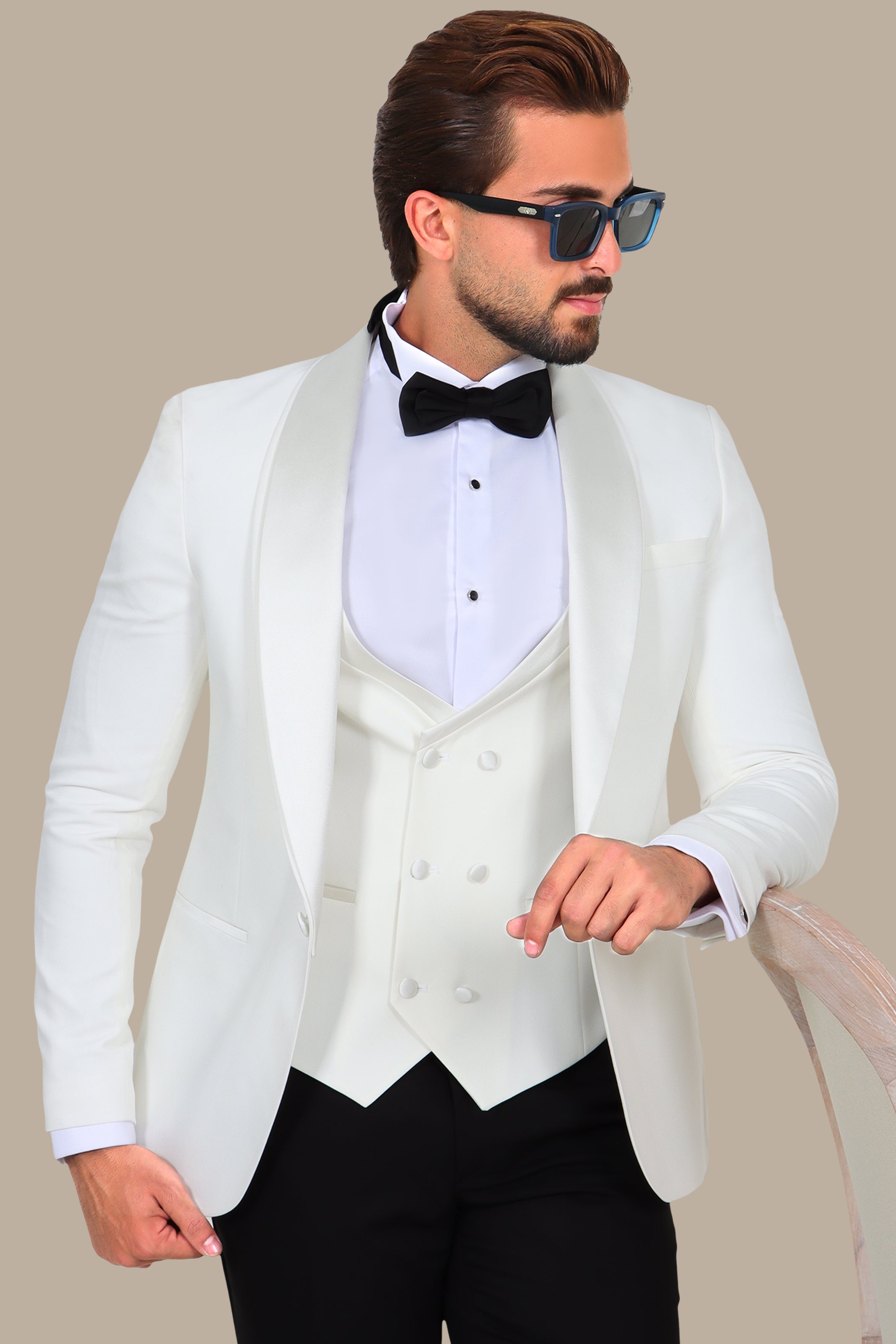 White 4-Piece Tuxedo with Double Shawl Collar and Black Pants