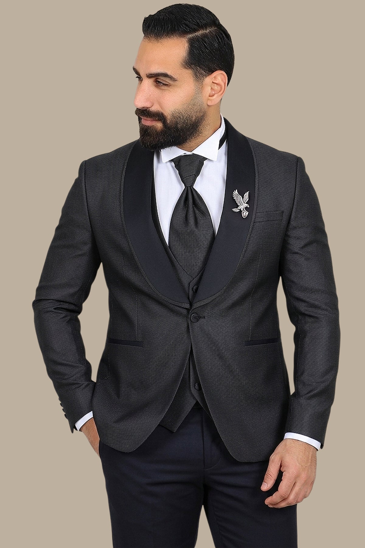 Dark Grey 4-Piece Tuxedo with Piqué Shawl Collar
