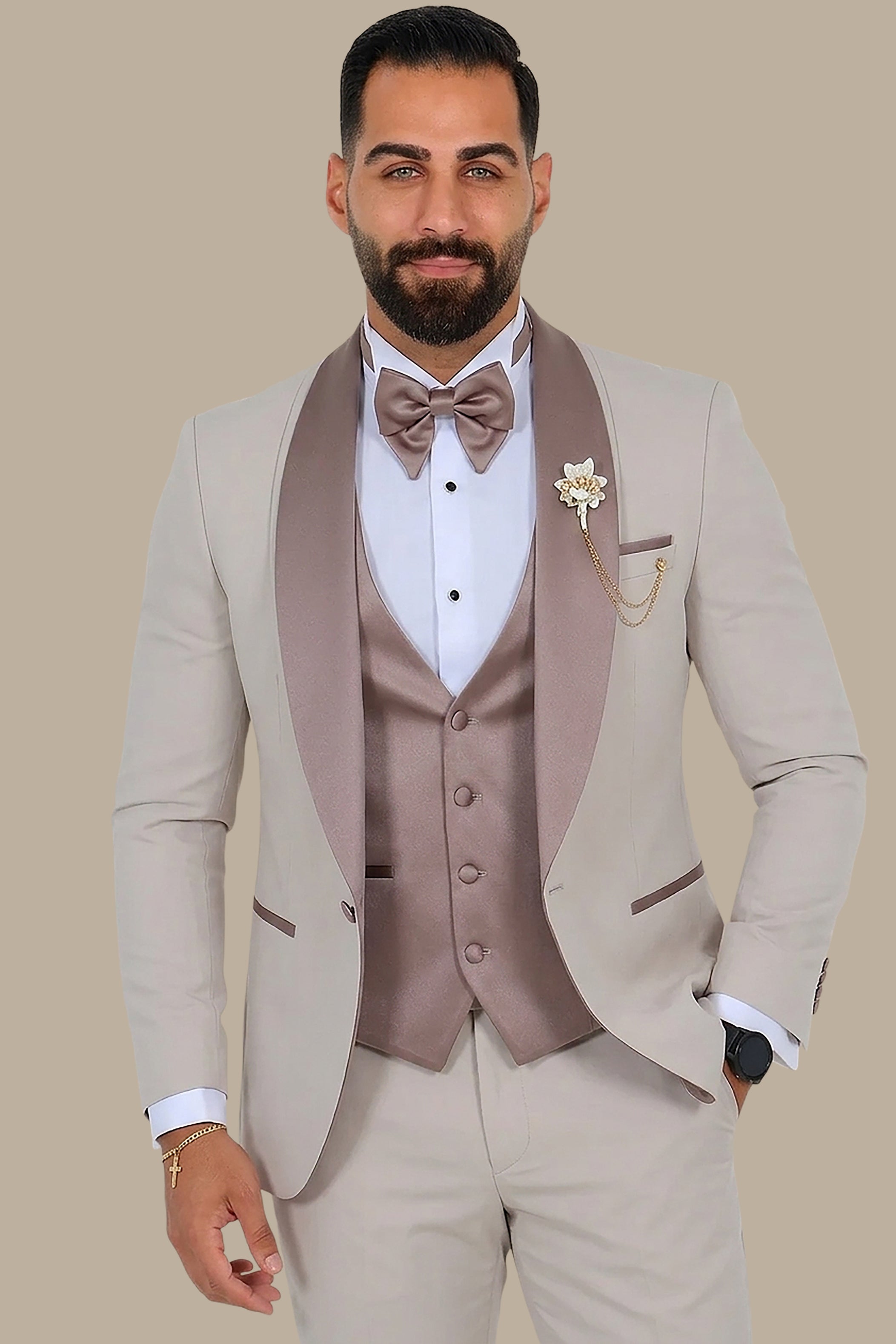 Light Beige Chal Collar Tuxedo 4pcs Double Collar Middle Satin Line