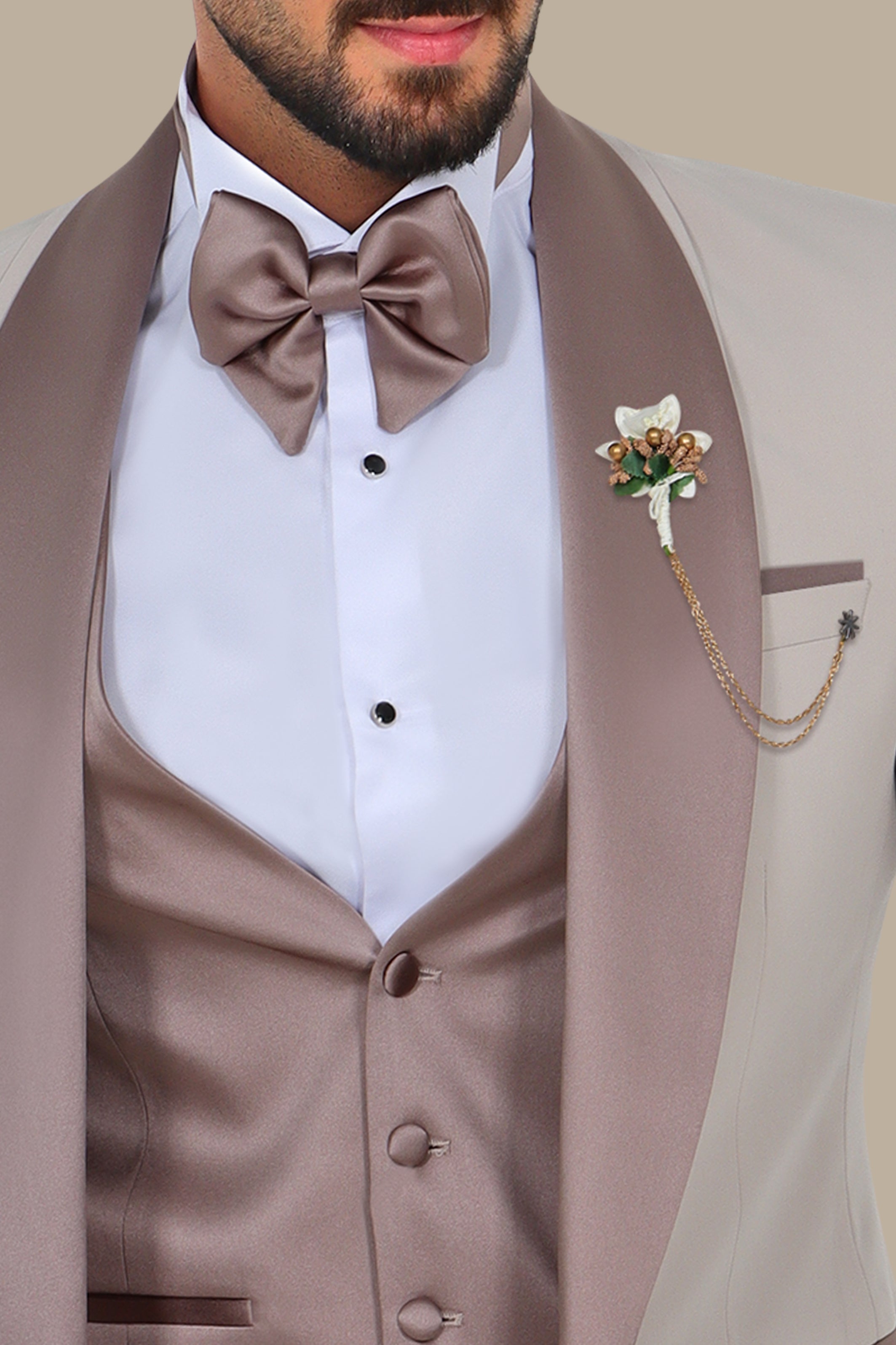 Light Beige Chal Collar Tuxedo 4pcs Double Collar Middle Satin Line