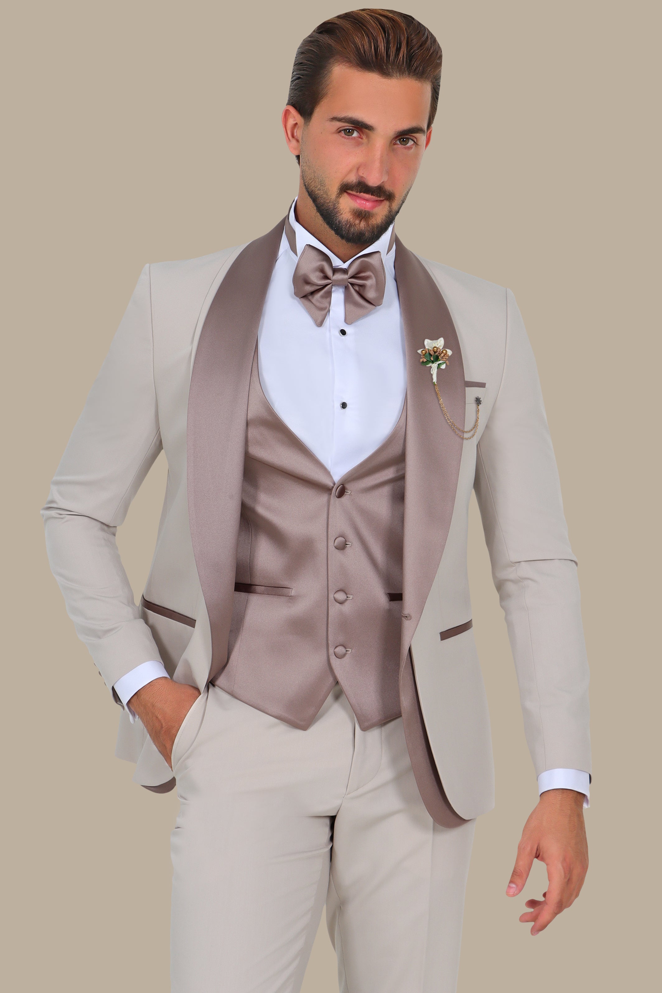 Light Beige Chal Collar Tuxedo 4pcs Double Collar Middle Satin Line