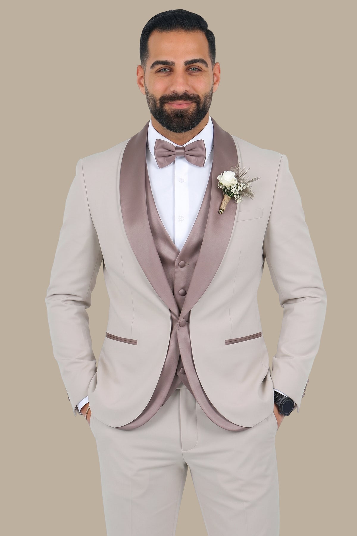 4-Piece Tuxedo with Double Shawl Collar and Satin Trim
