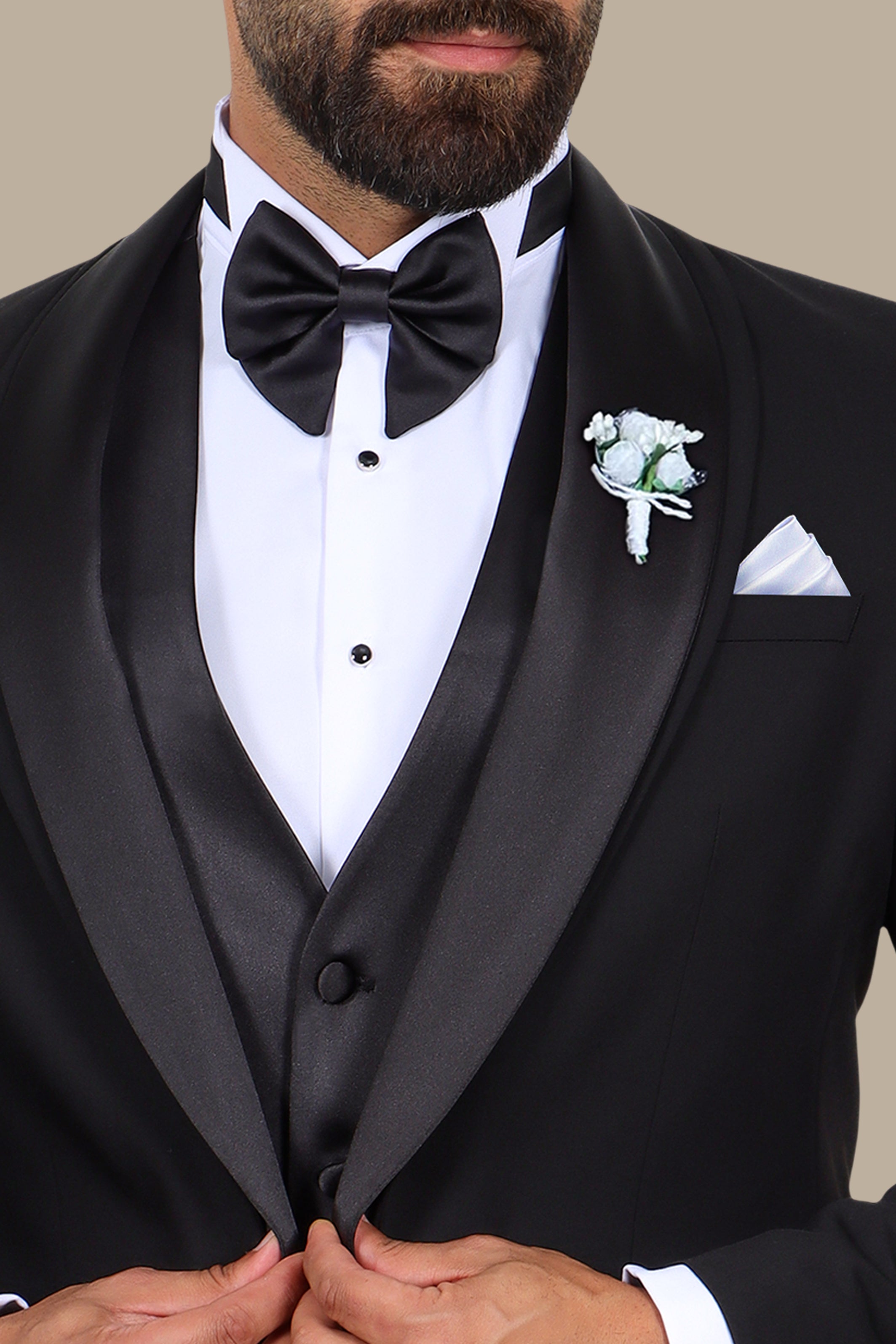 Black 4-Piece Tuxedo with Double Shawl Collar and Satin Trim