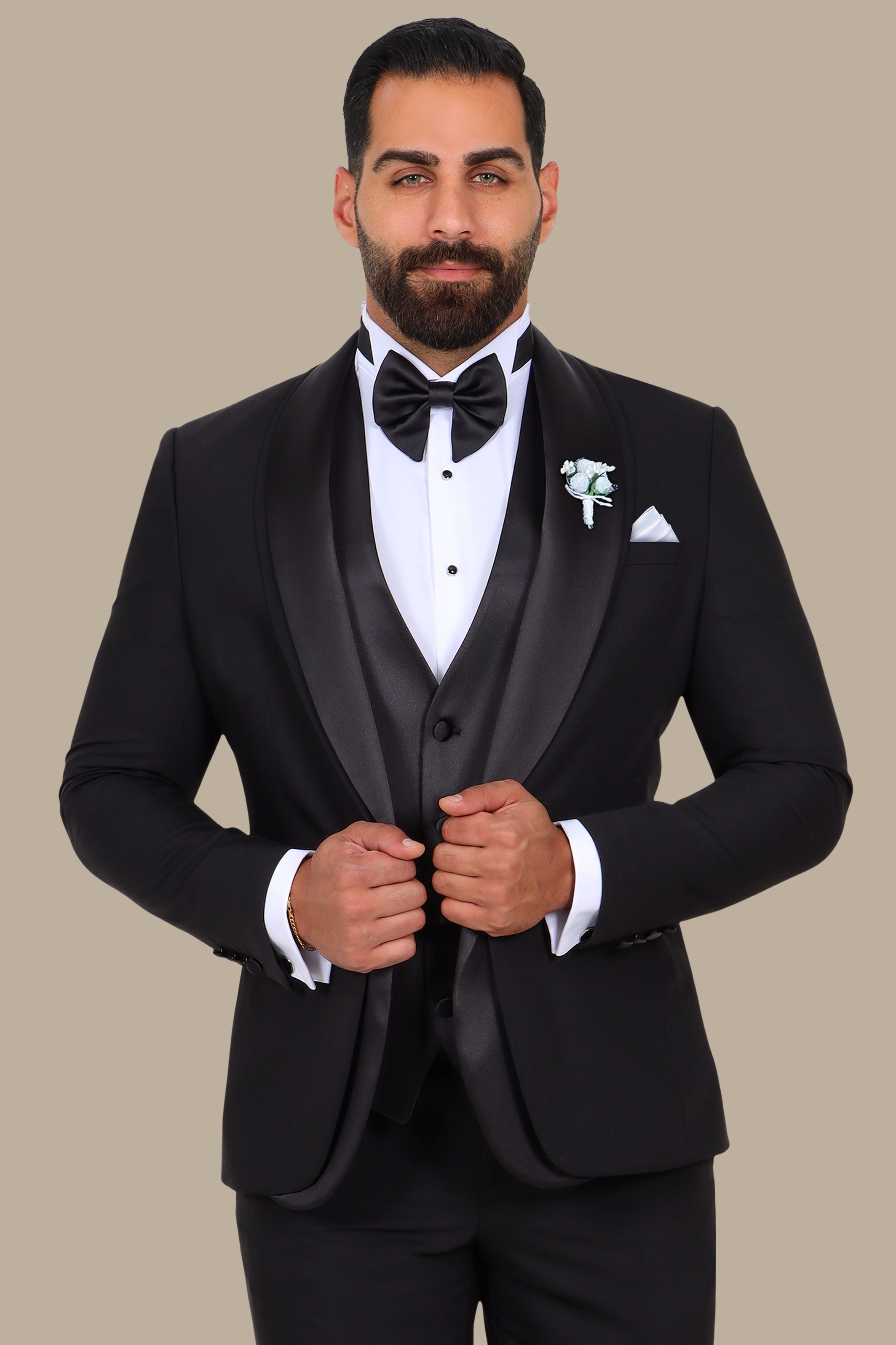 Black 4-Piece Tuxedo with Double Shawl Collar and Satin Trim