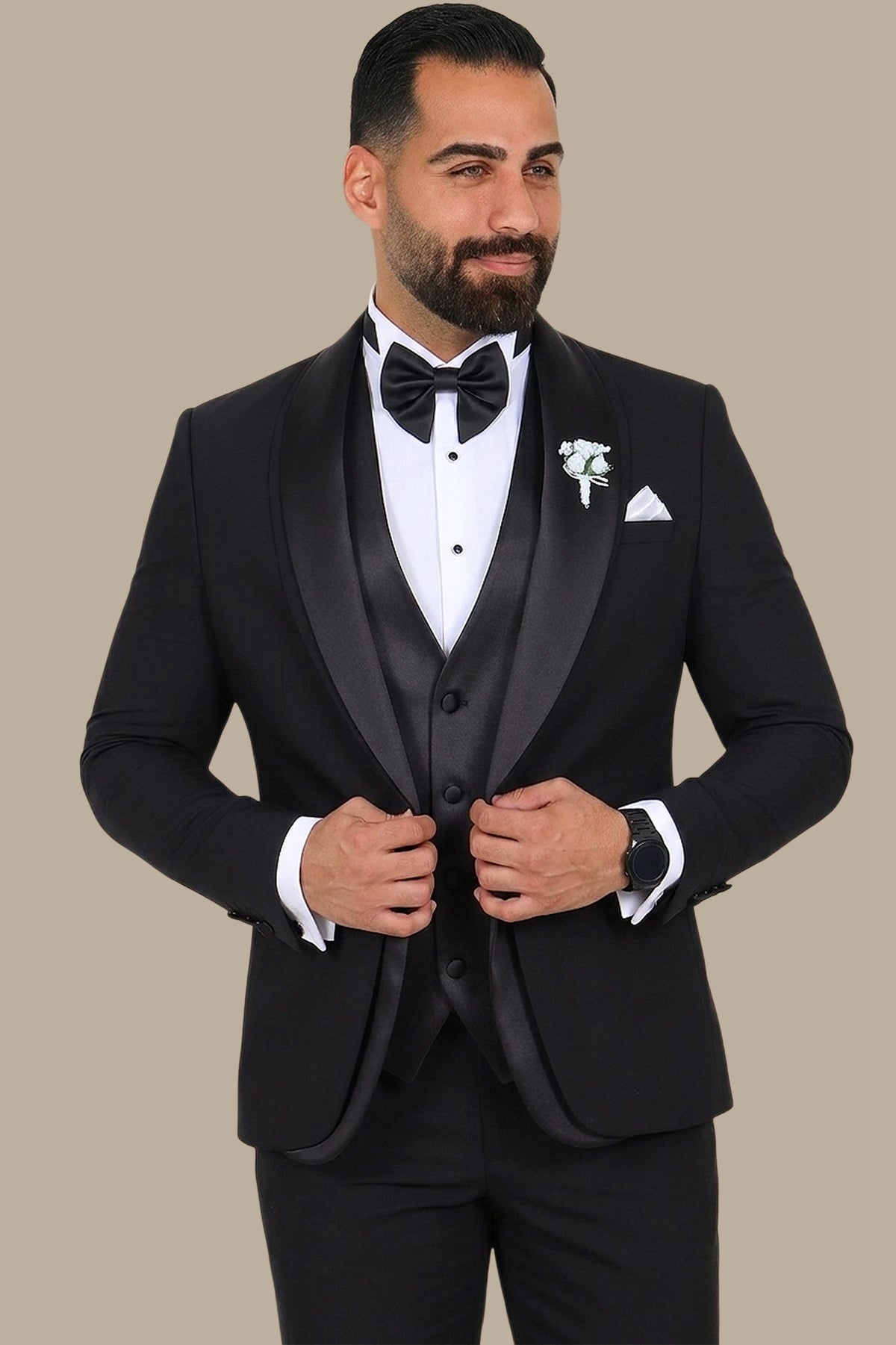 Black 4-Piece Tuxedo with Double Shawl Collar and Satin Trim
