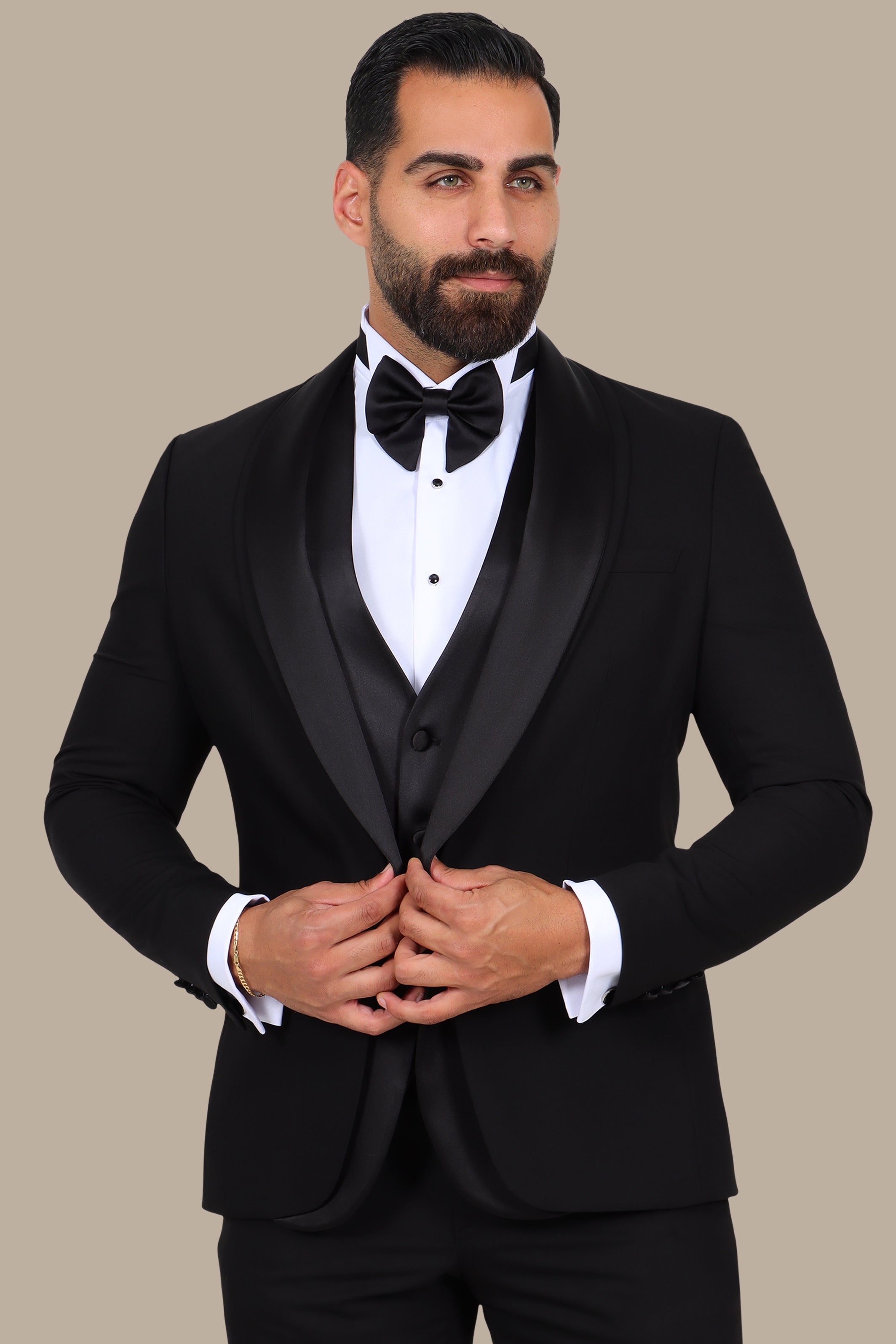 Black 4-Piece Tuxedo with Double Shawl Collar and Satin Trim