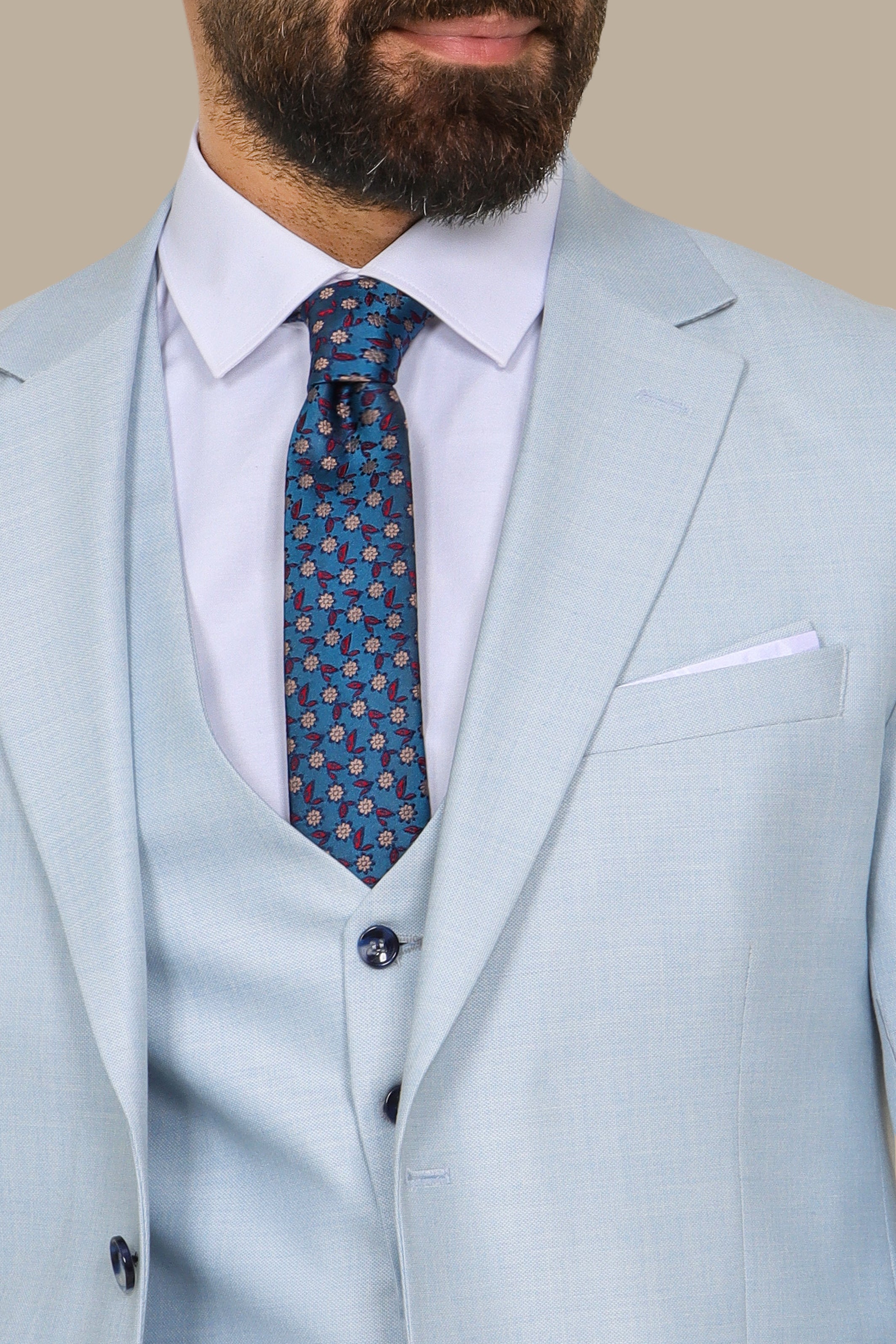Light Blue 3-Piece Fil à Fil Suit with Patch Lapel