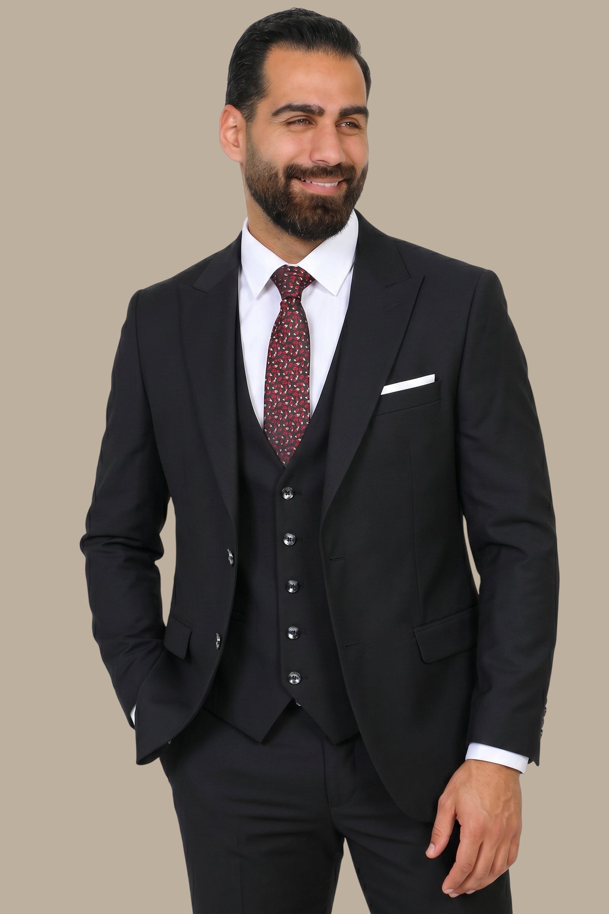 Black 3-Piece Slim Peak Lapel Suit