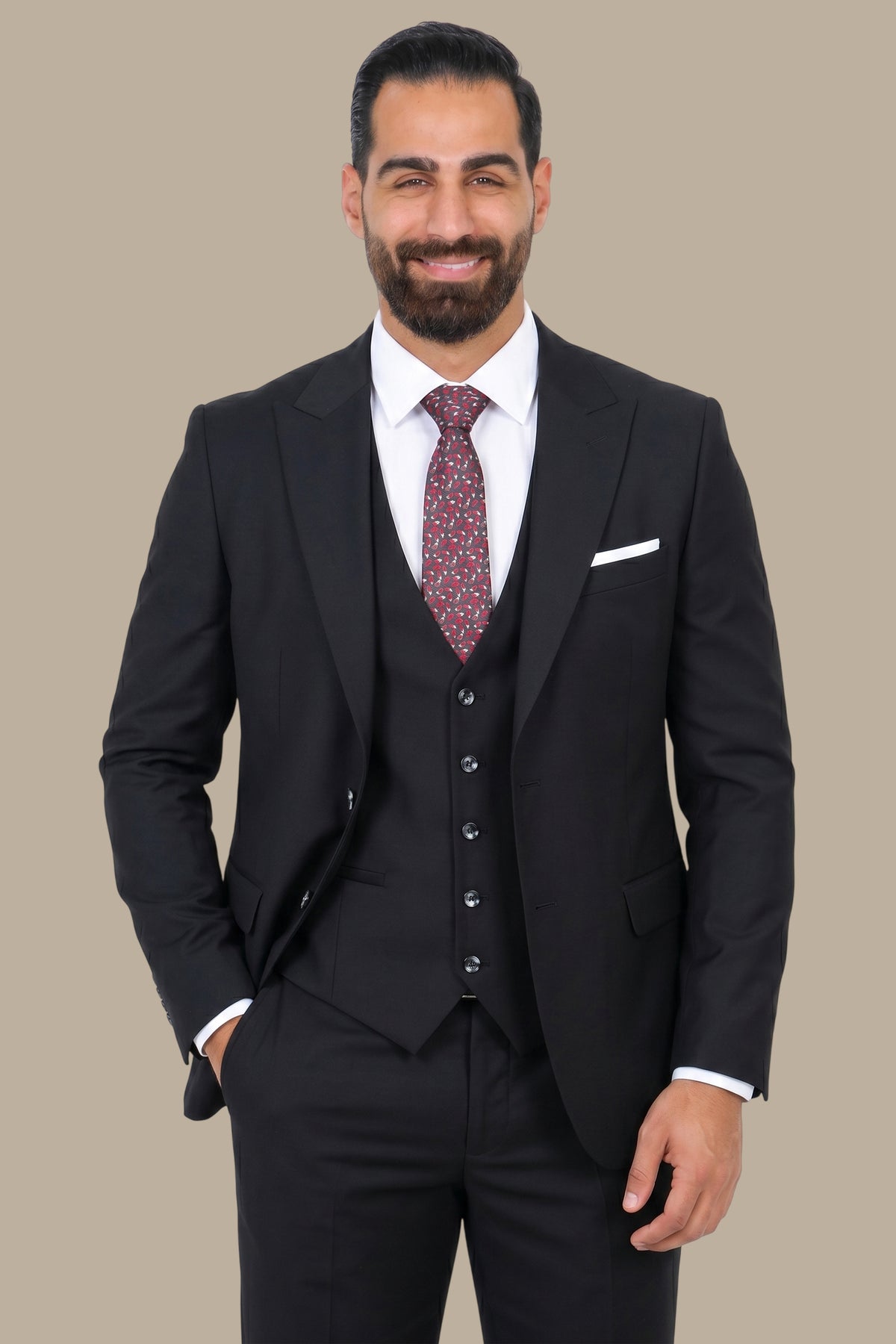 Black 3-Piece Slim Peak Lapel Suit