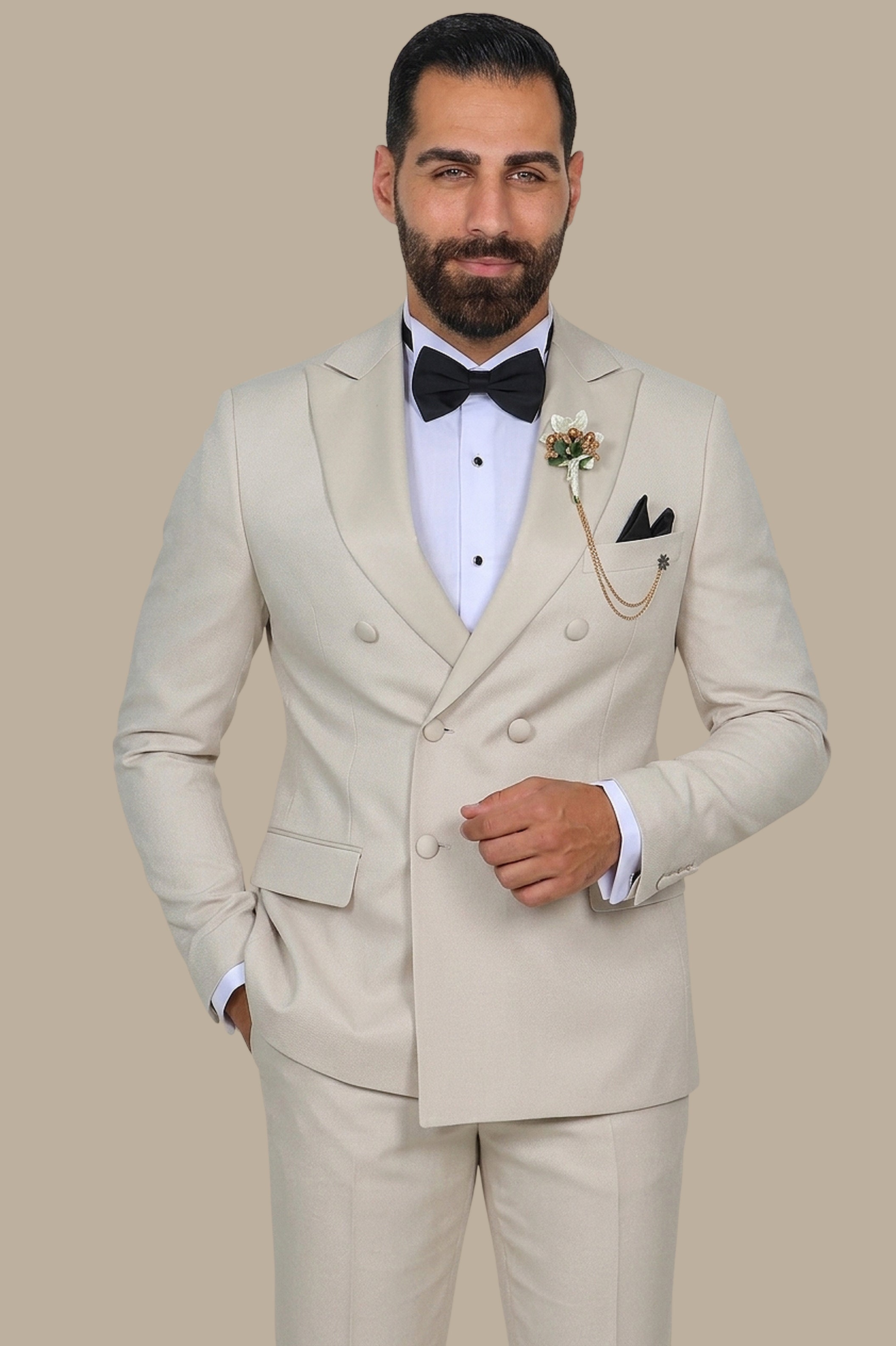 Beige Double-Breasted Tuxedo Piquet – 2-Piece Set