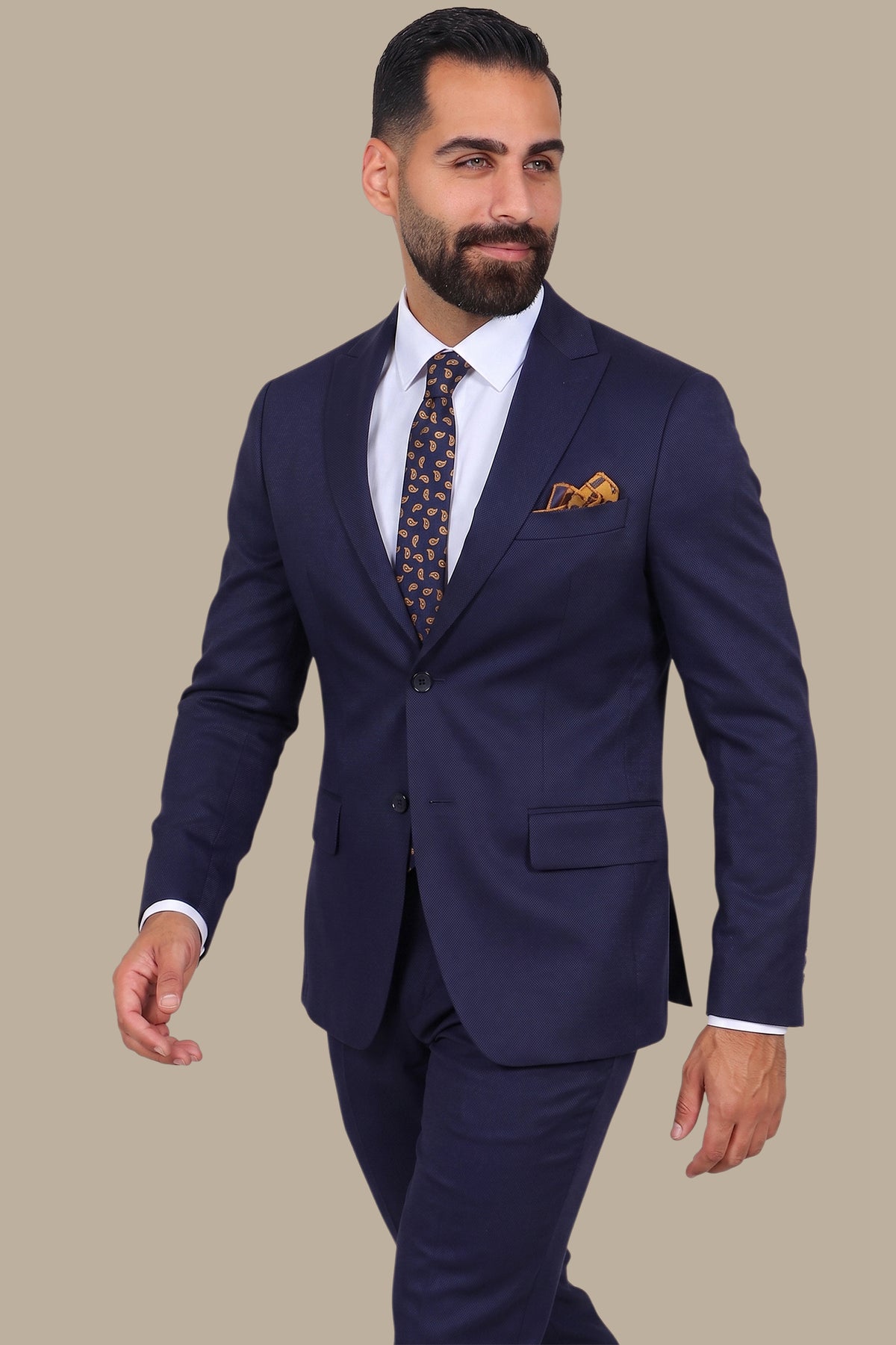 Midnight Texture: Navy Piqué Peak Lapel Suit