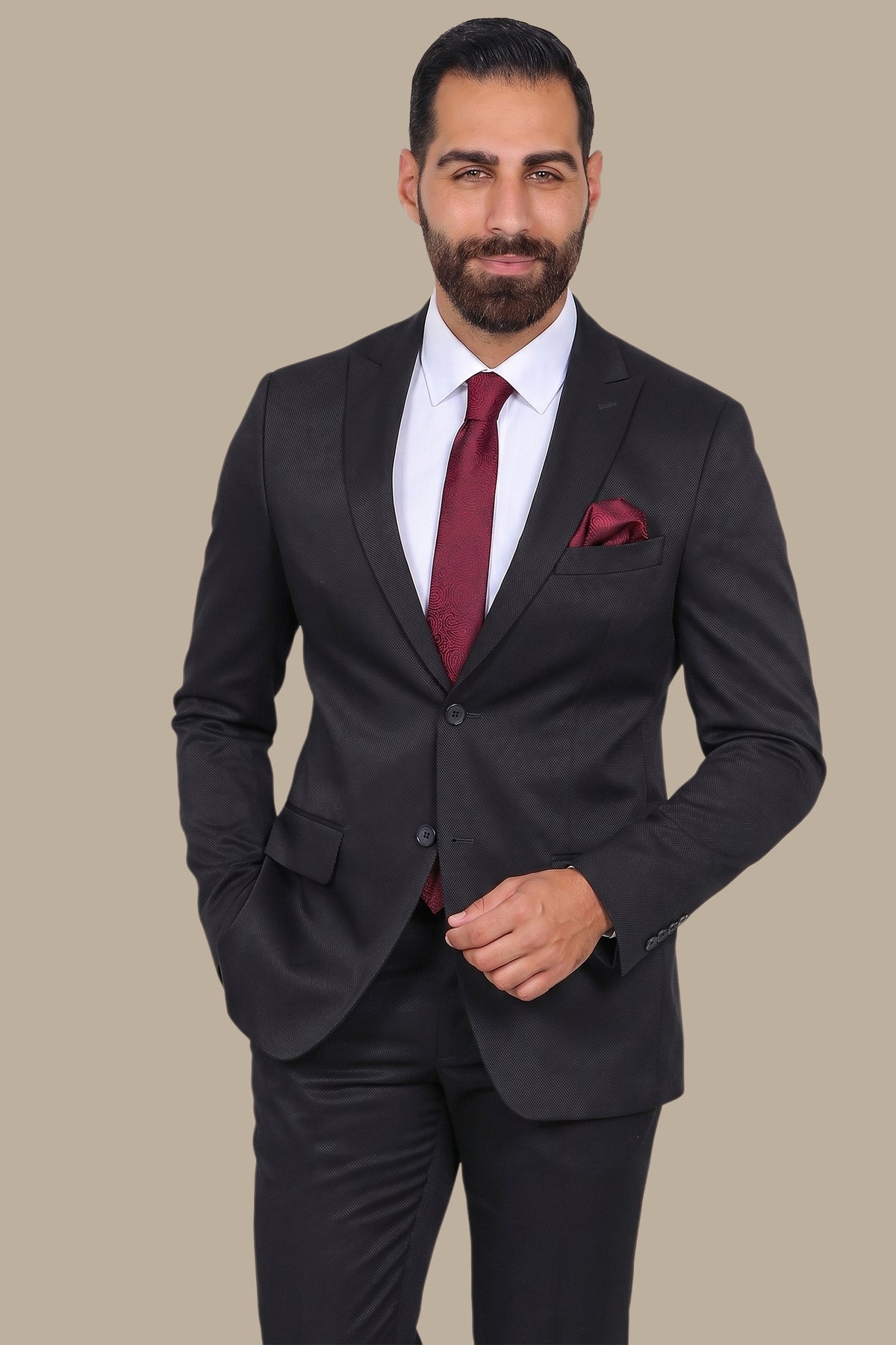 Black Piqué Suit with Peak Lapel — Timeless Power