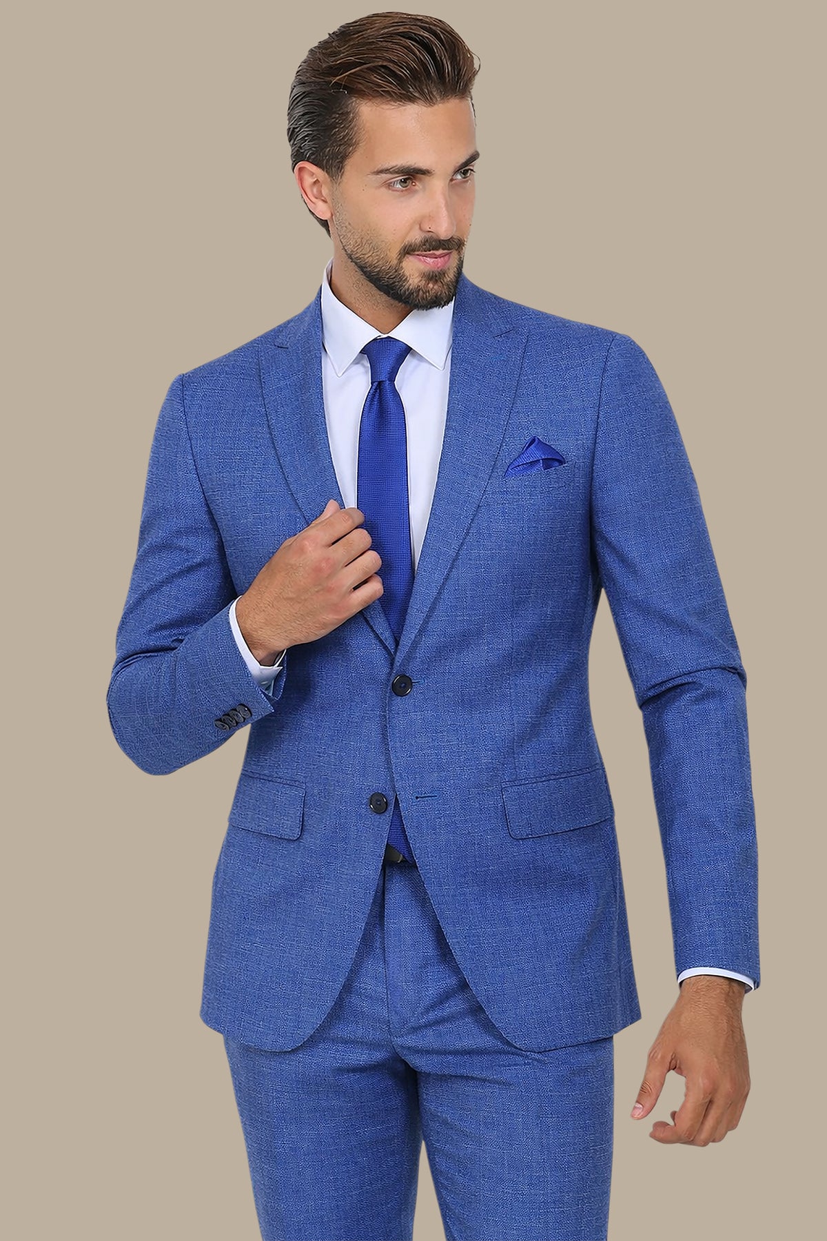 Dark Blue Fil à Fil Suit with Peak Lapel — Bold Sophistication
