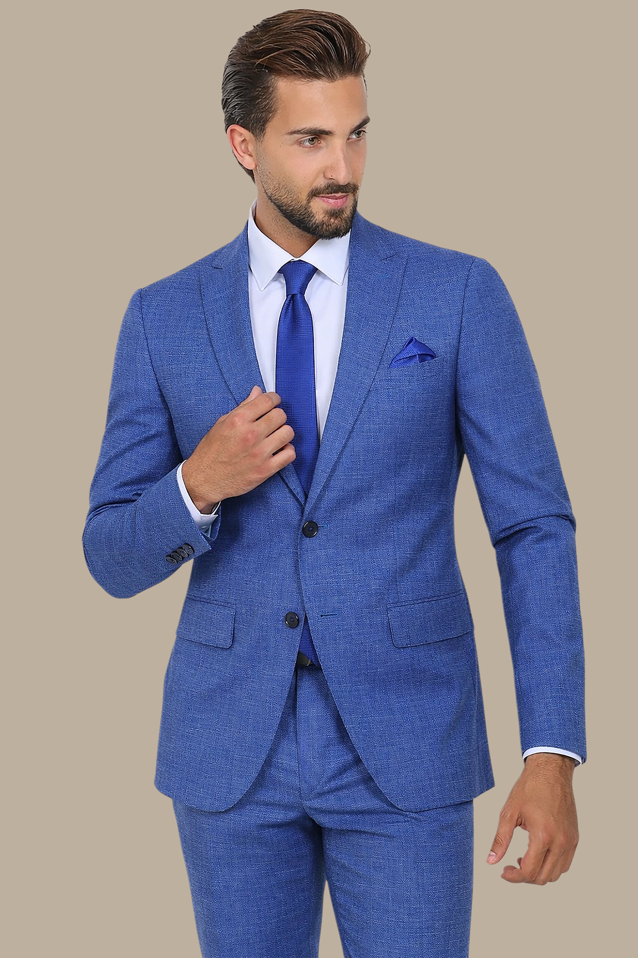 Dark Blue Fil à Fil Suit with Peak Lapel — Bold Sophistication