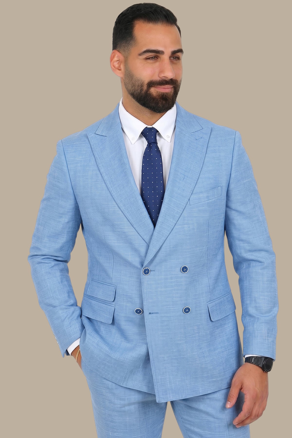 Light Blue Fil-à-Fil Peak Lapel Suit