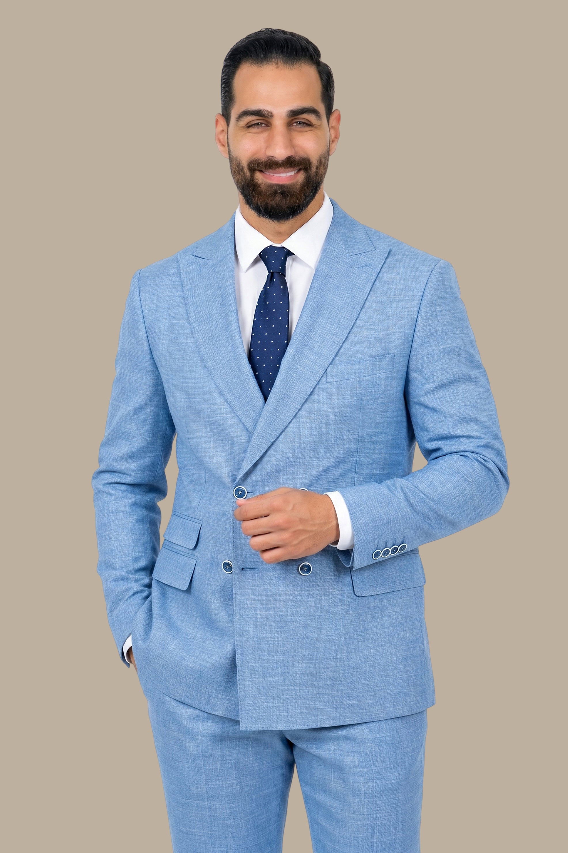 Light Blue Fil-à-Fil Peak Lapel Suit