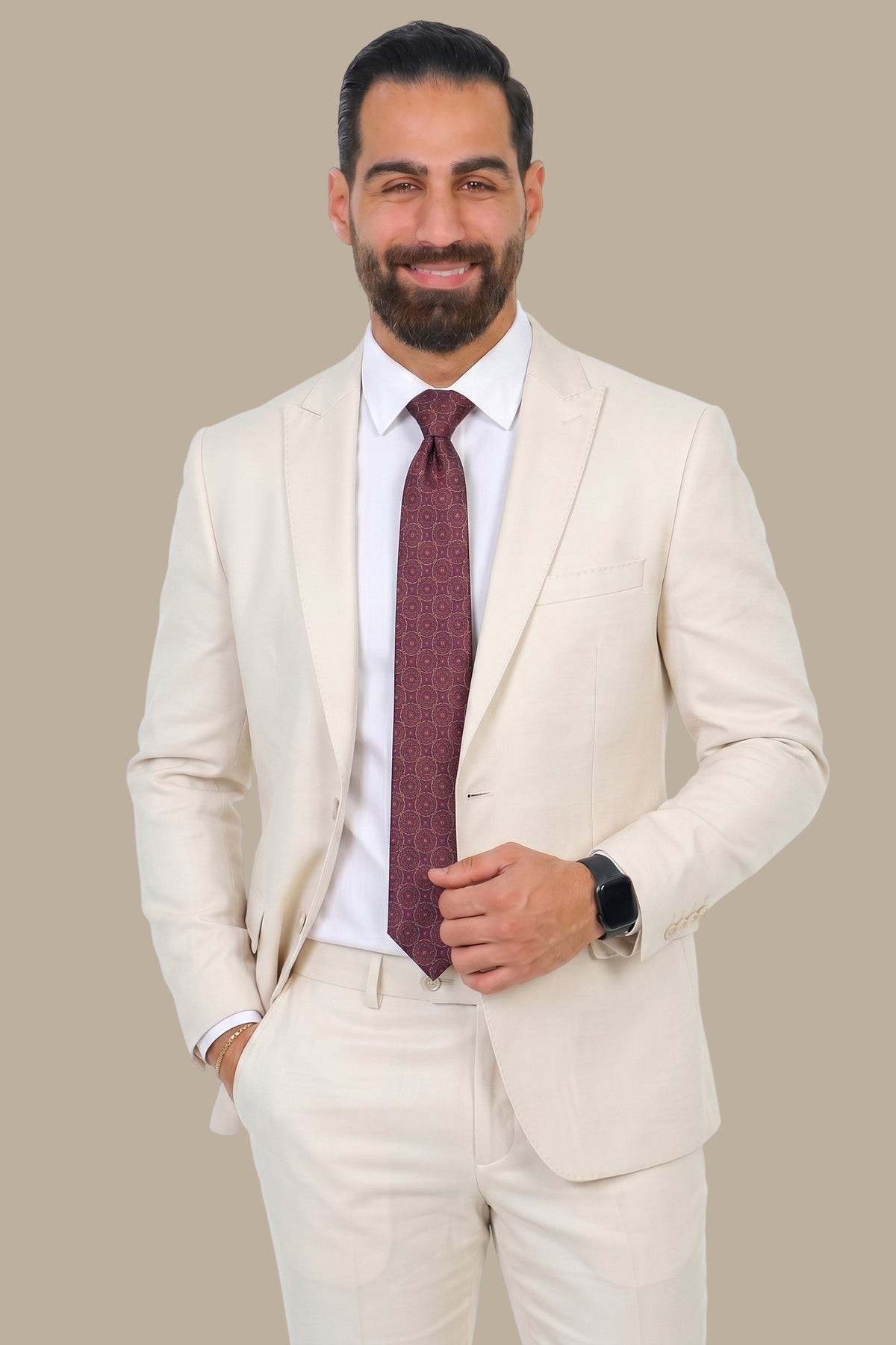 Light Beige Pique 2-Piece Suit with Peak Lapel