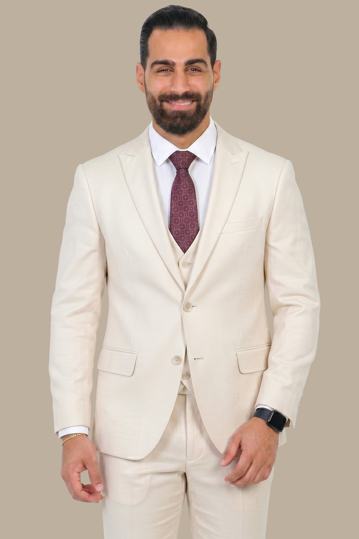 Light Beige Pique 2-Piece Suit with Peak Lapel