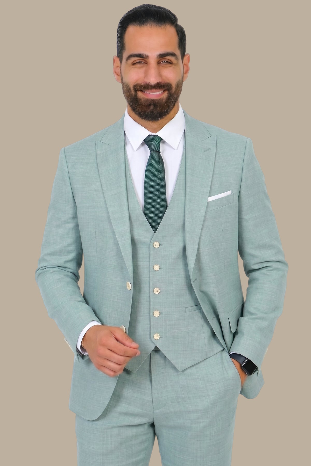 Mint Fil-à-Fil 3-Piece Suit with Peak Lapel