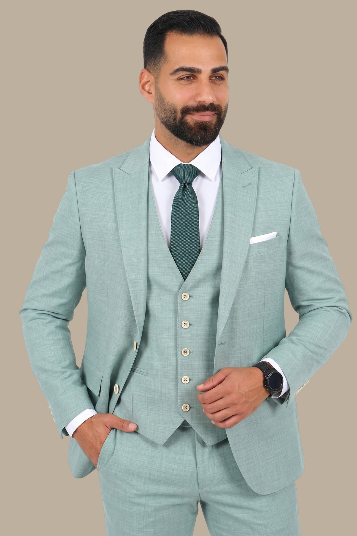 Mint Fil-à-Fil 3-Piece Suit with Peak Lapel