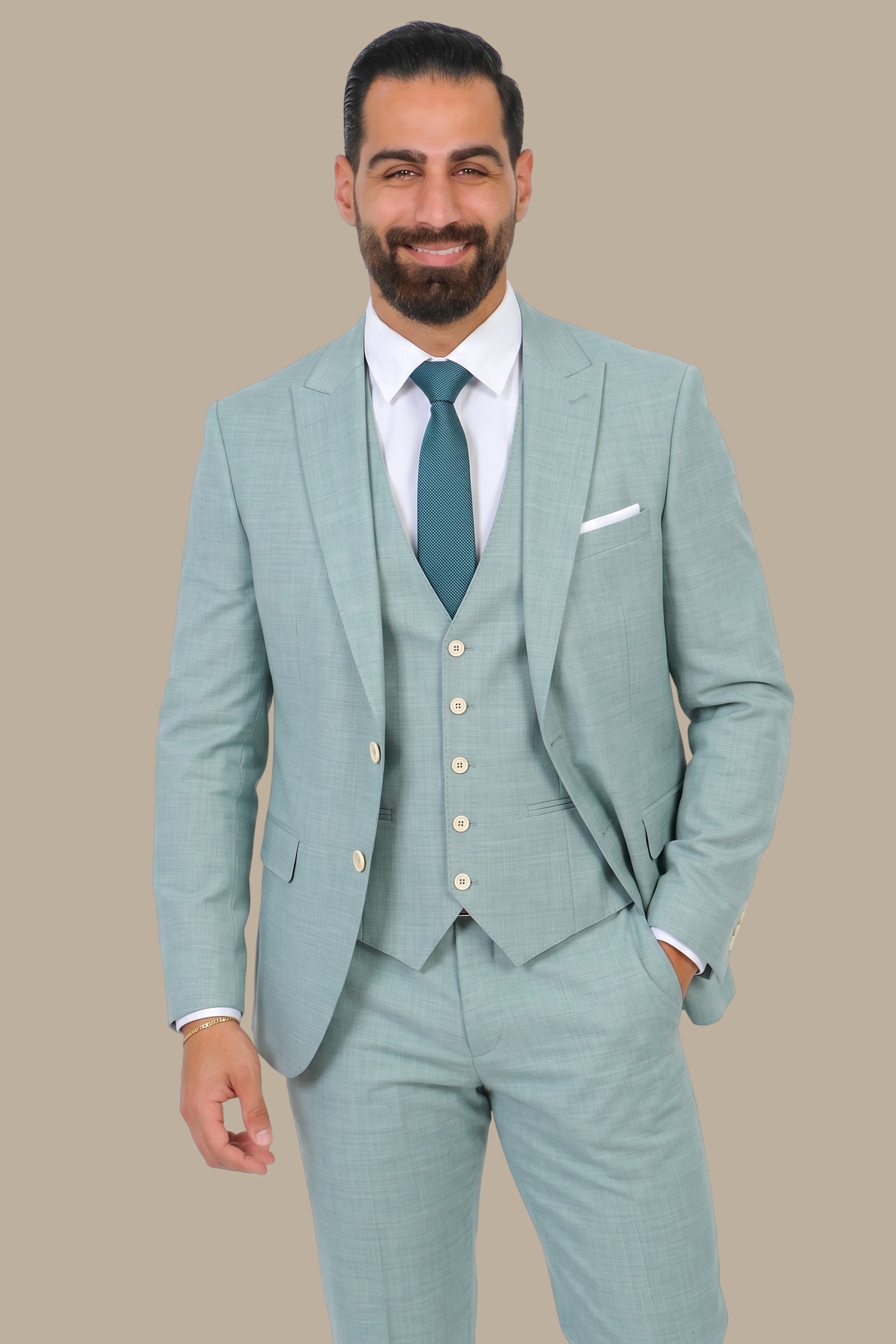 Mint Fil-à-Fil 3-Piece Suit with Peak Lapel