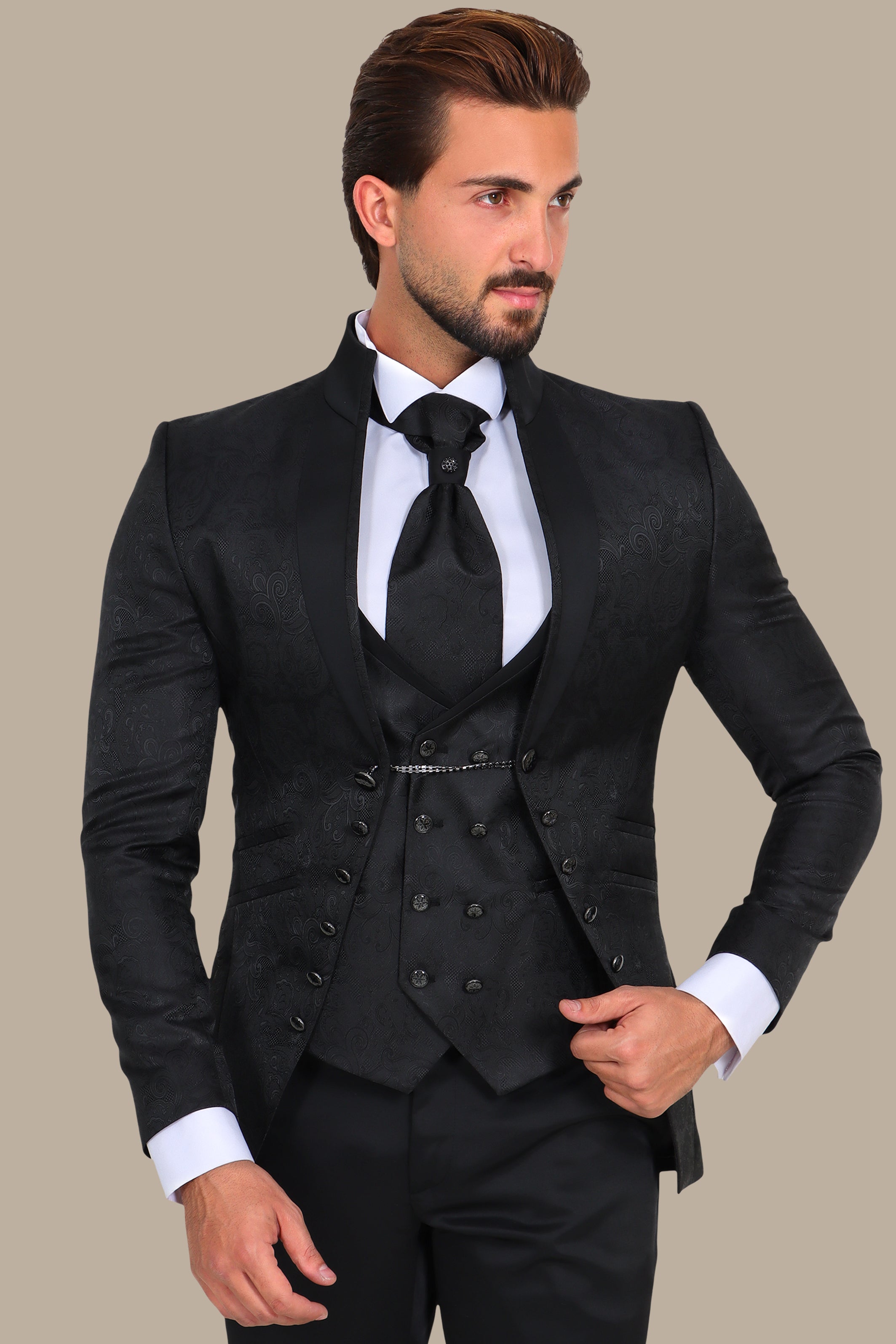 Black Mao Collar Tuxedo 4pcs Cashmere Jacquard Bord à Bord