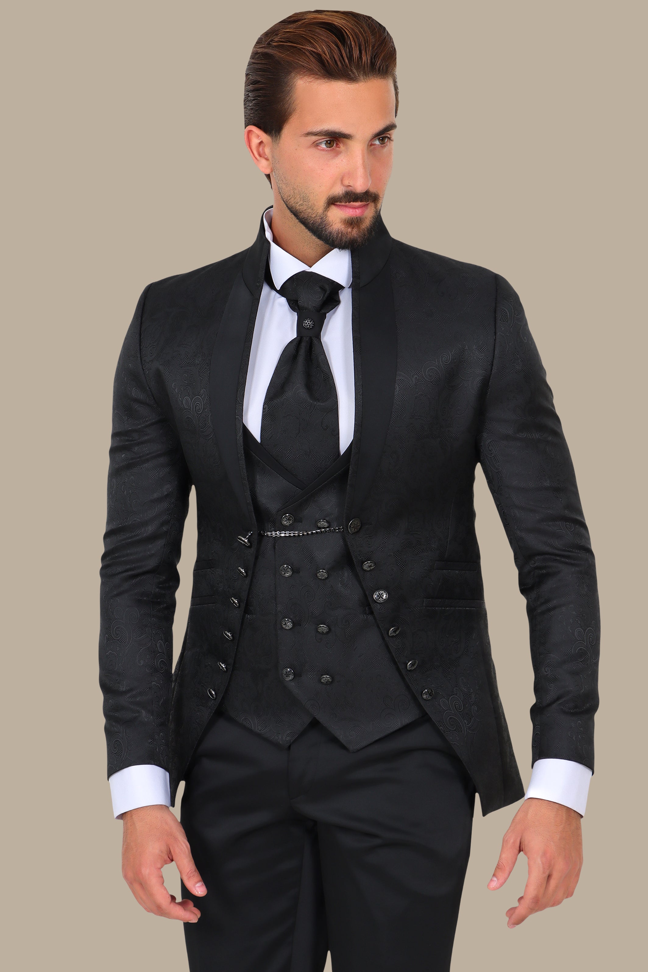 Black Mao Collar Tuxedo 4pcs Cashmere Jacquard Bord à Bord