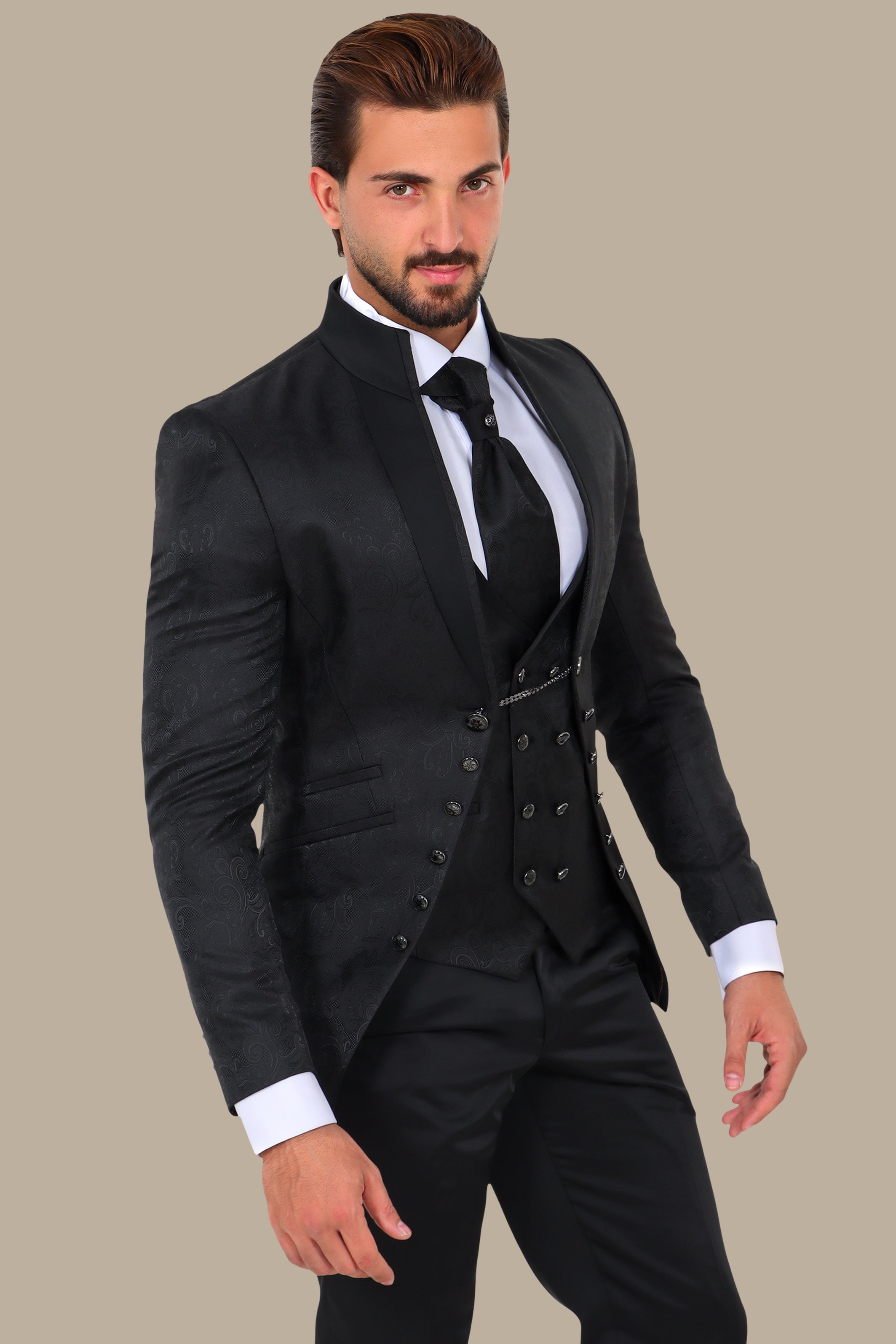 Black Mao Collar Tuxedo 4pcs Cashmere Jacquard Bord à Bord