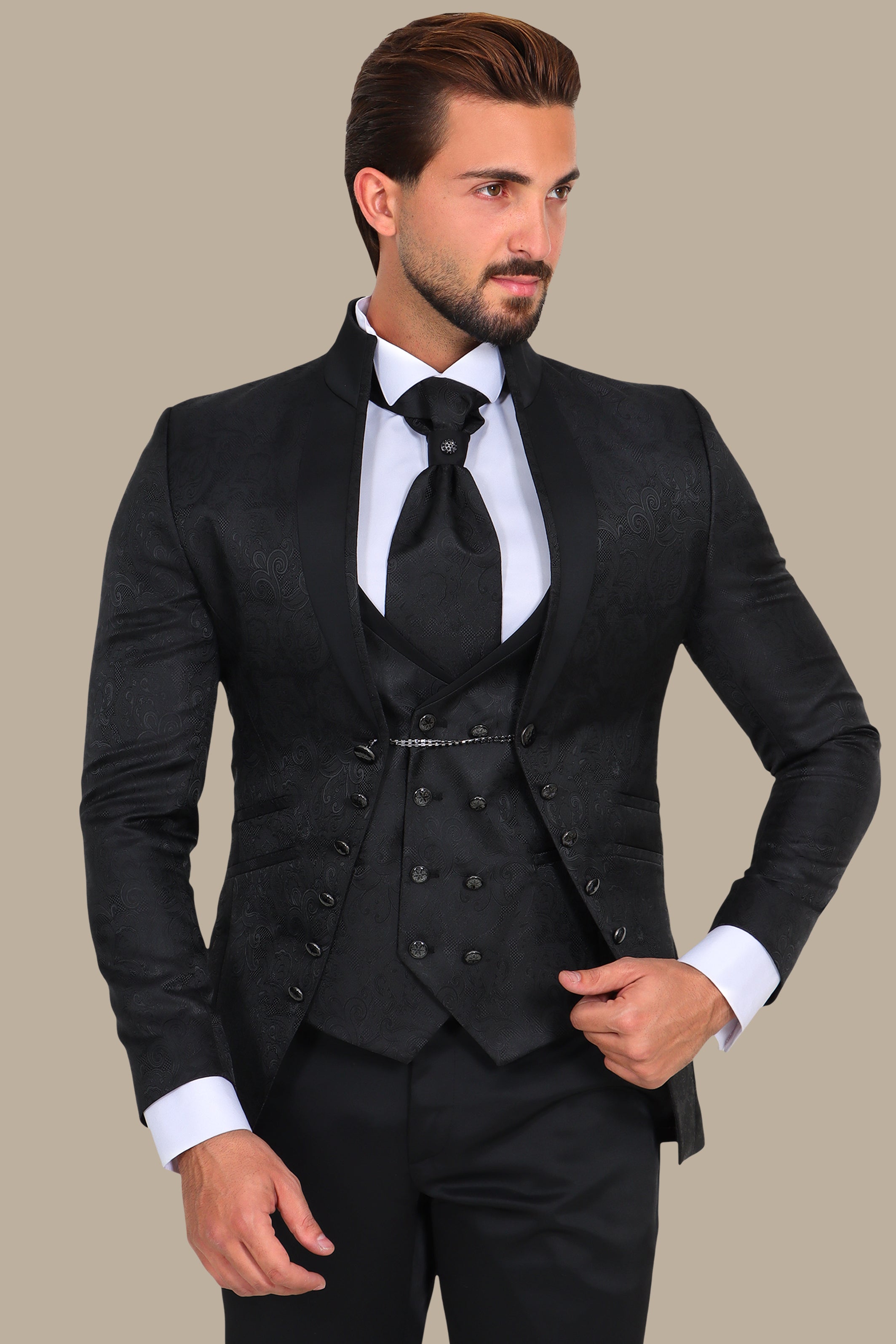 Black Mao Collar Tuxedo 4pcs Cashmere Jacquard Bord à Bord