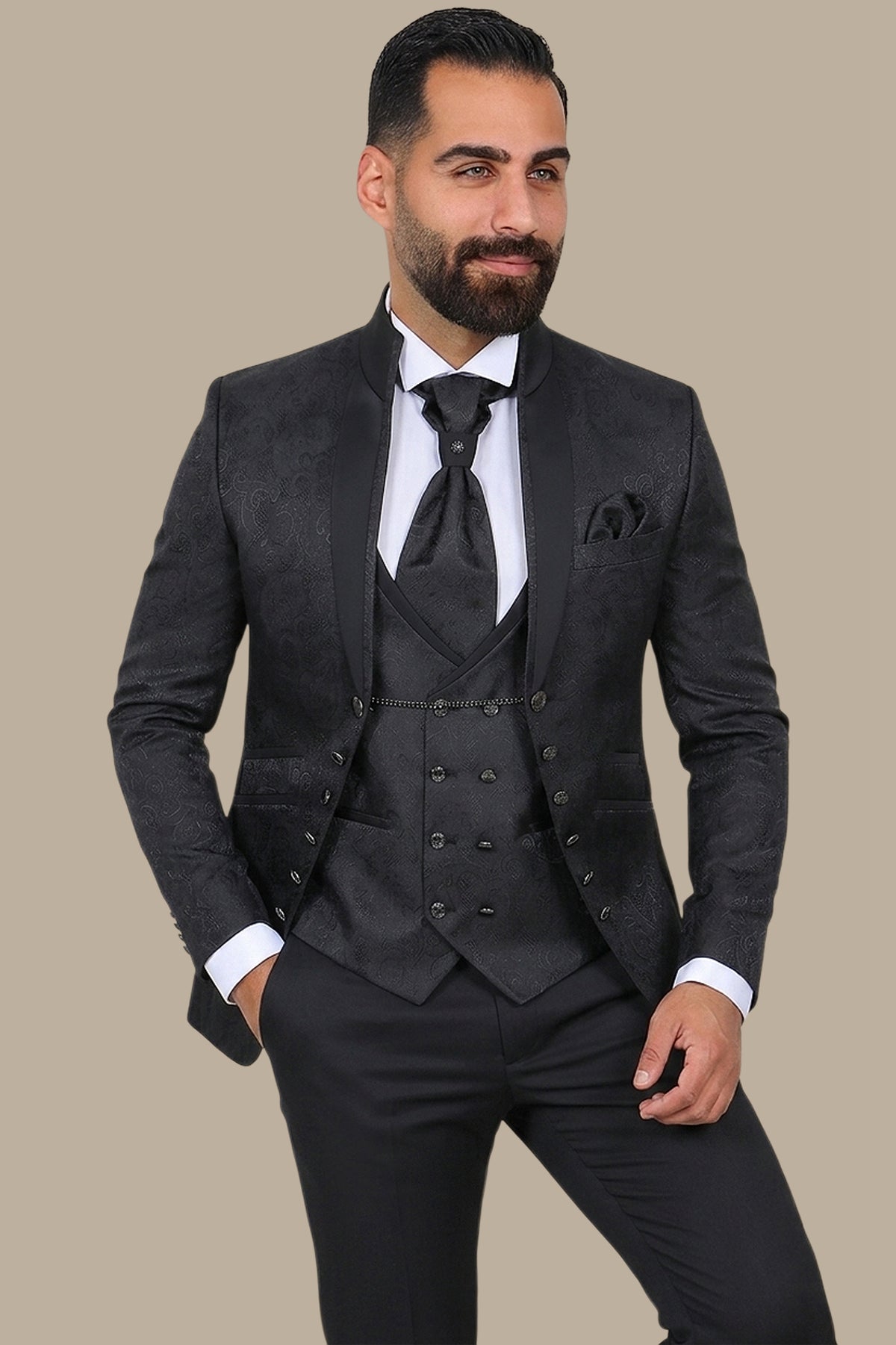 Black Mao Collar Tuxedo 4pcs Cashmere Jacquard Bord à Bord