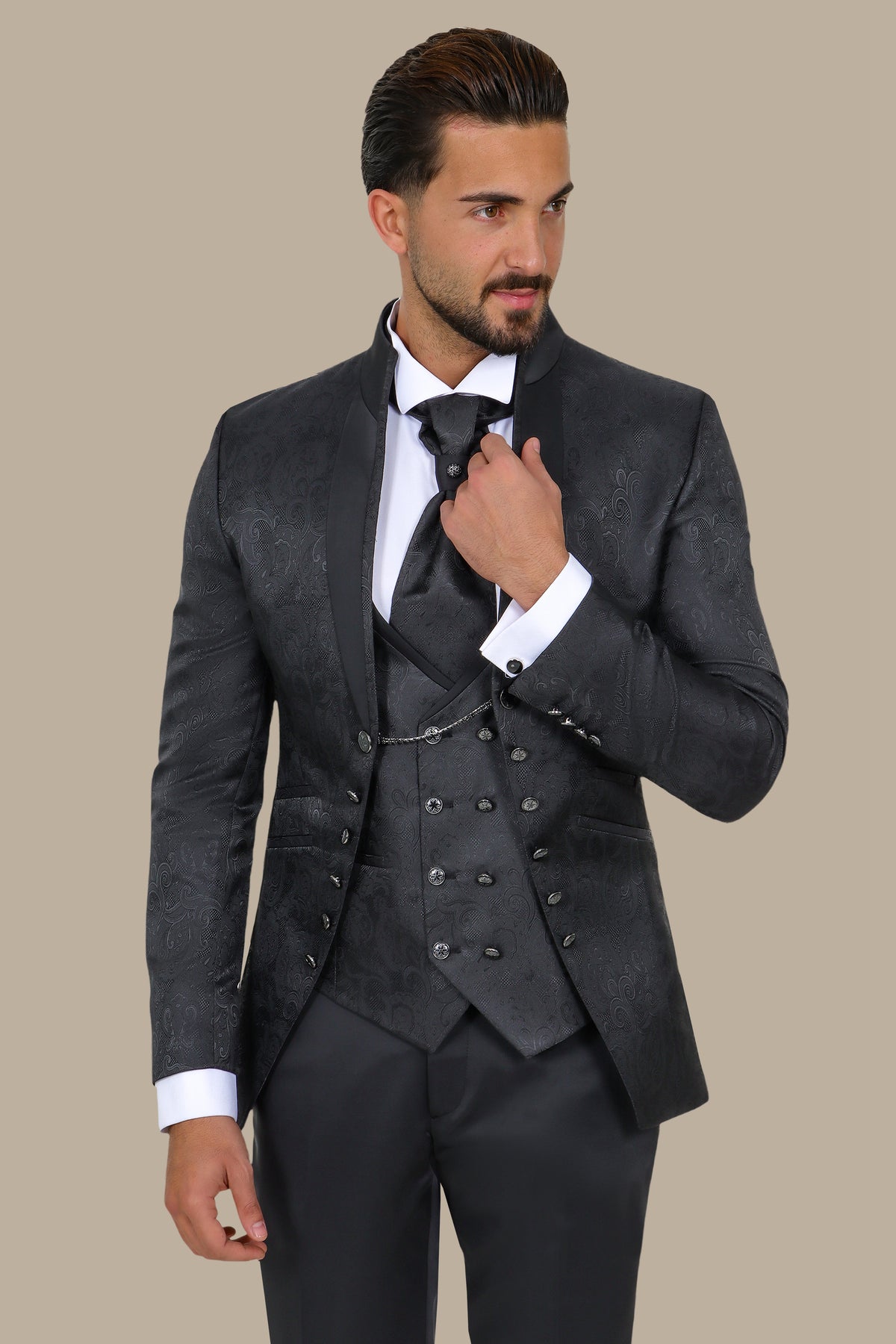 Black Mao Collar Tuxedo 4pcs Cashmere Jacquard Bord à Bord