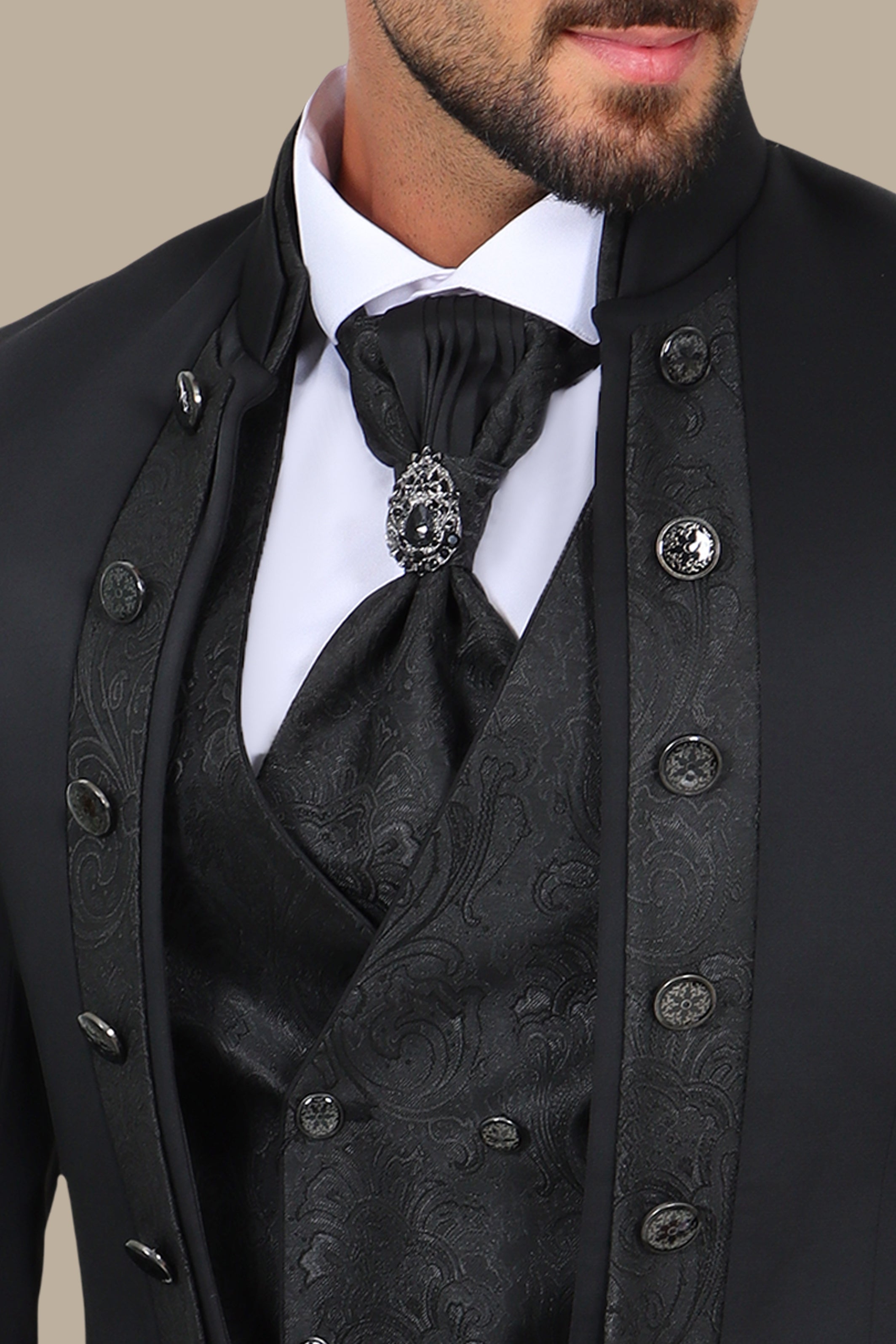 Black Mao Collar Tuxedo 4pcs Jacquard Line