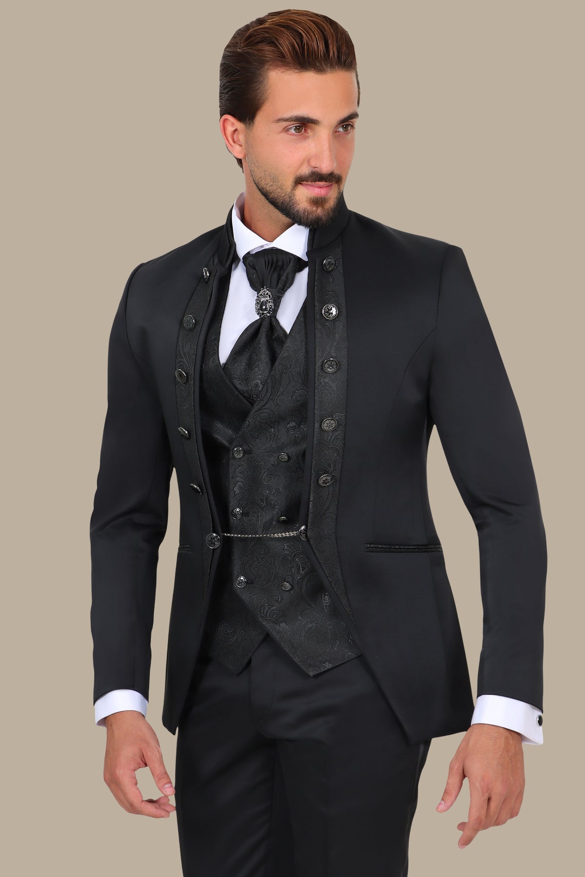 Black Mao Collar Tuxedo 4pcs Jacquard Line