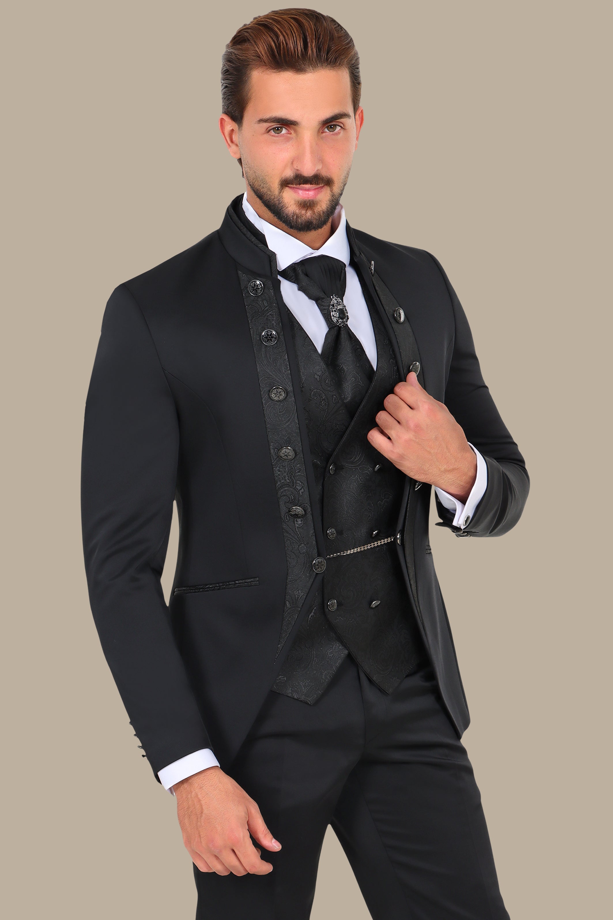 Black Mao Collar Tuxedo 4pcs Jacquard Line