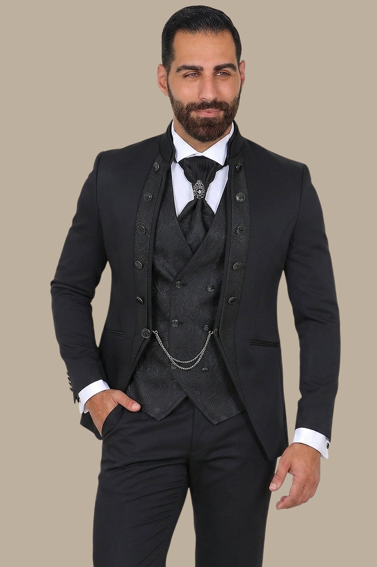 Black Mao Collar Tuxedo 4pcs Jacquard Line