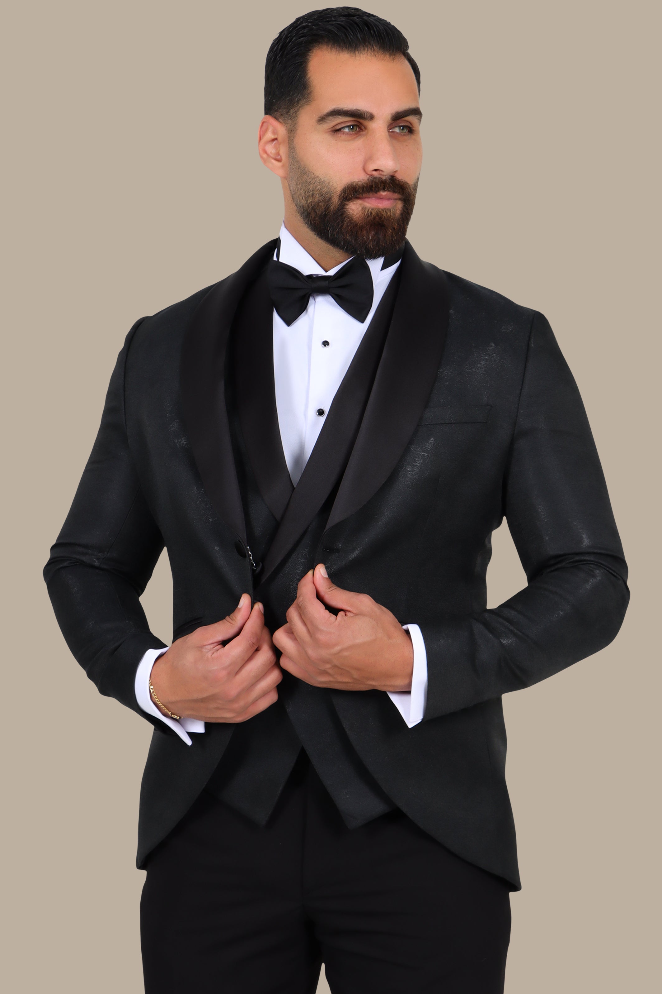 Black 4-Piece Shawl Lapel Tuxedo with Brush Patterns