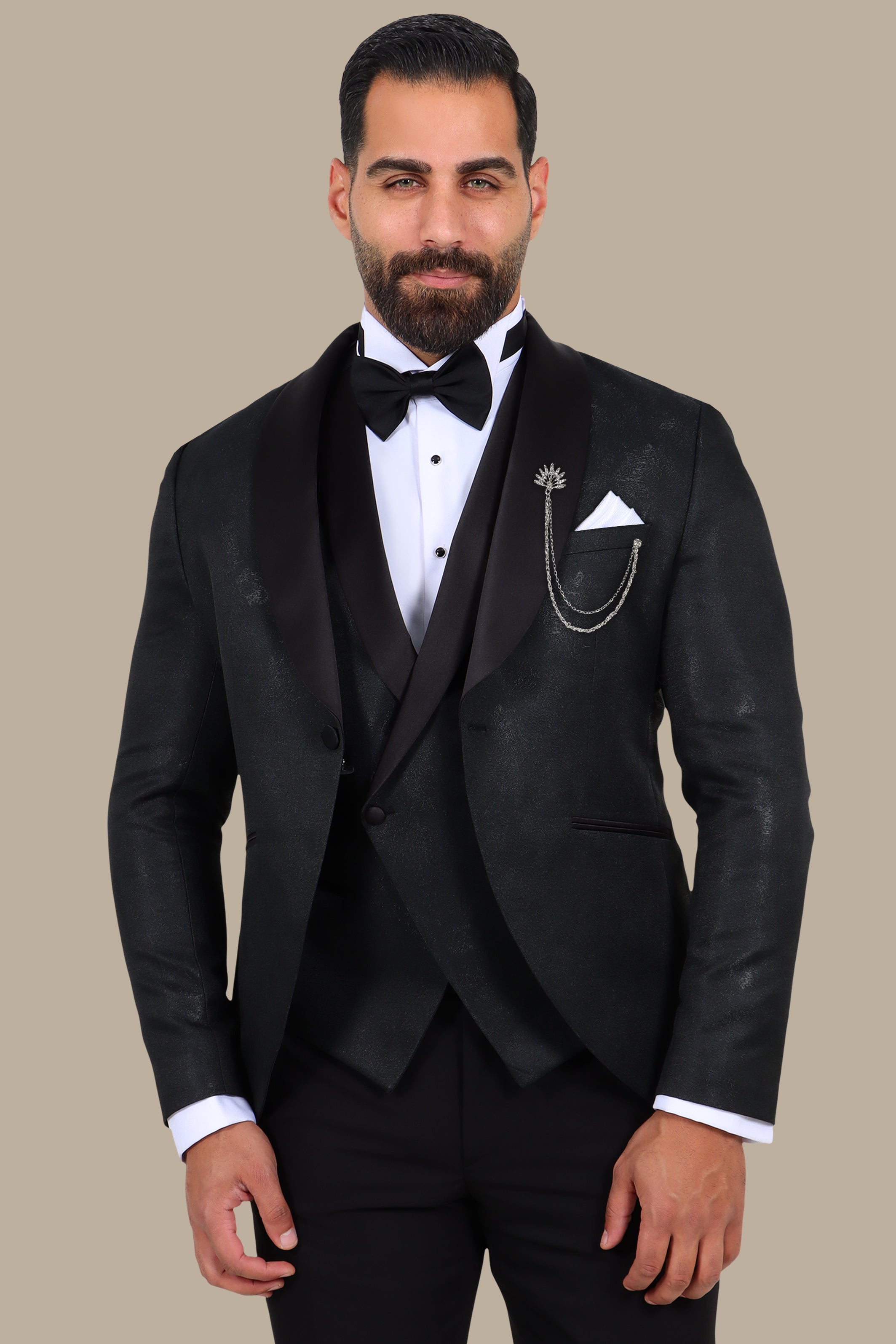Black 4-Piece Shawl Lapel Tuxedo with Brush Patterns
