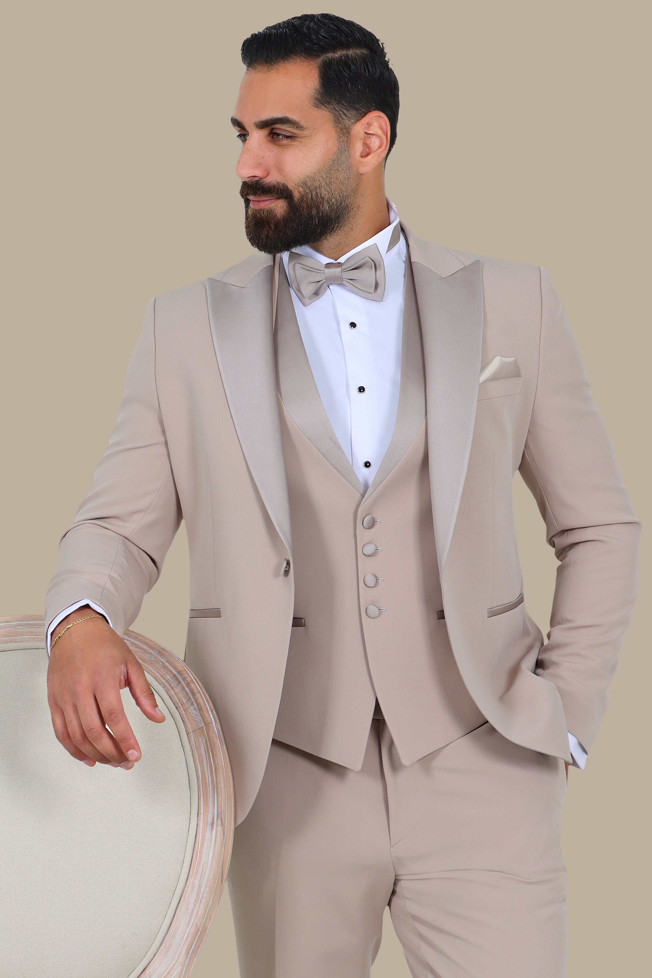 Beige Essence: 4-Piece Peak Lapel Tuxedo
