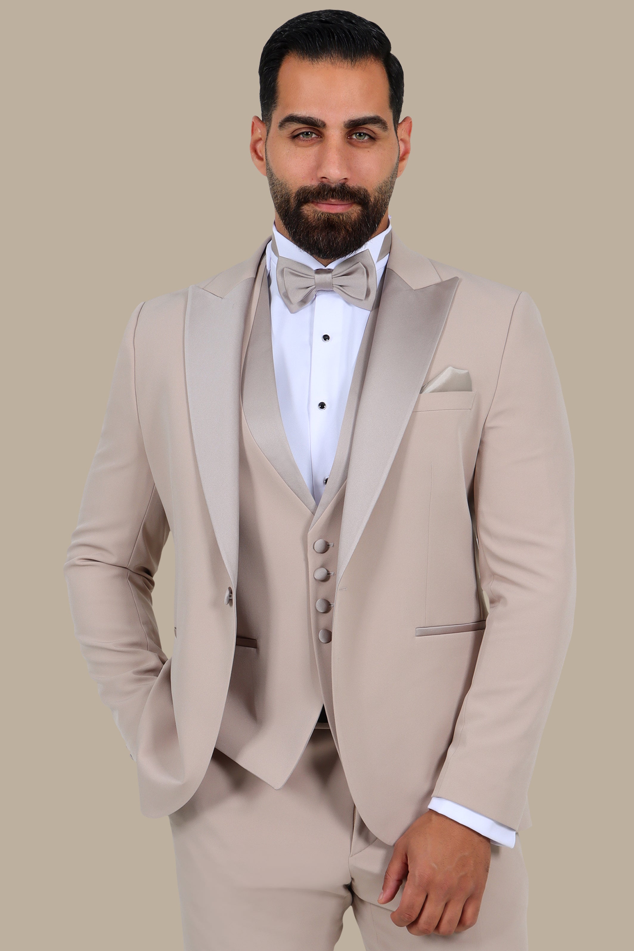 Beige Essence: 4-Piece Peak Lapel Tuxedo
