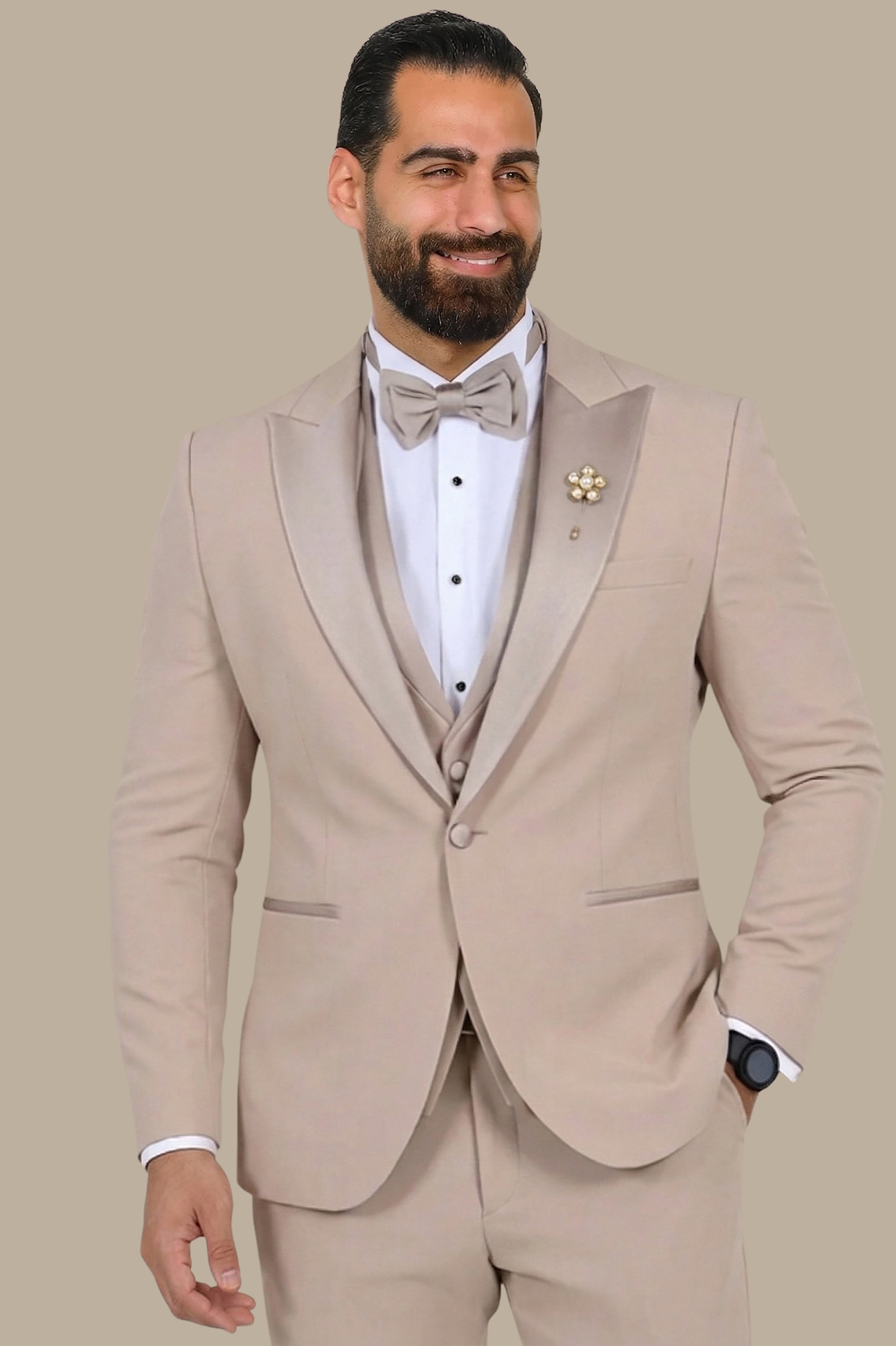 Beige Essence: 4-Piece Peak Lapel Tuxedo