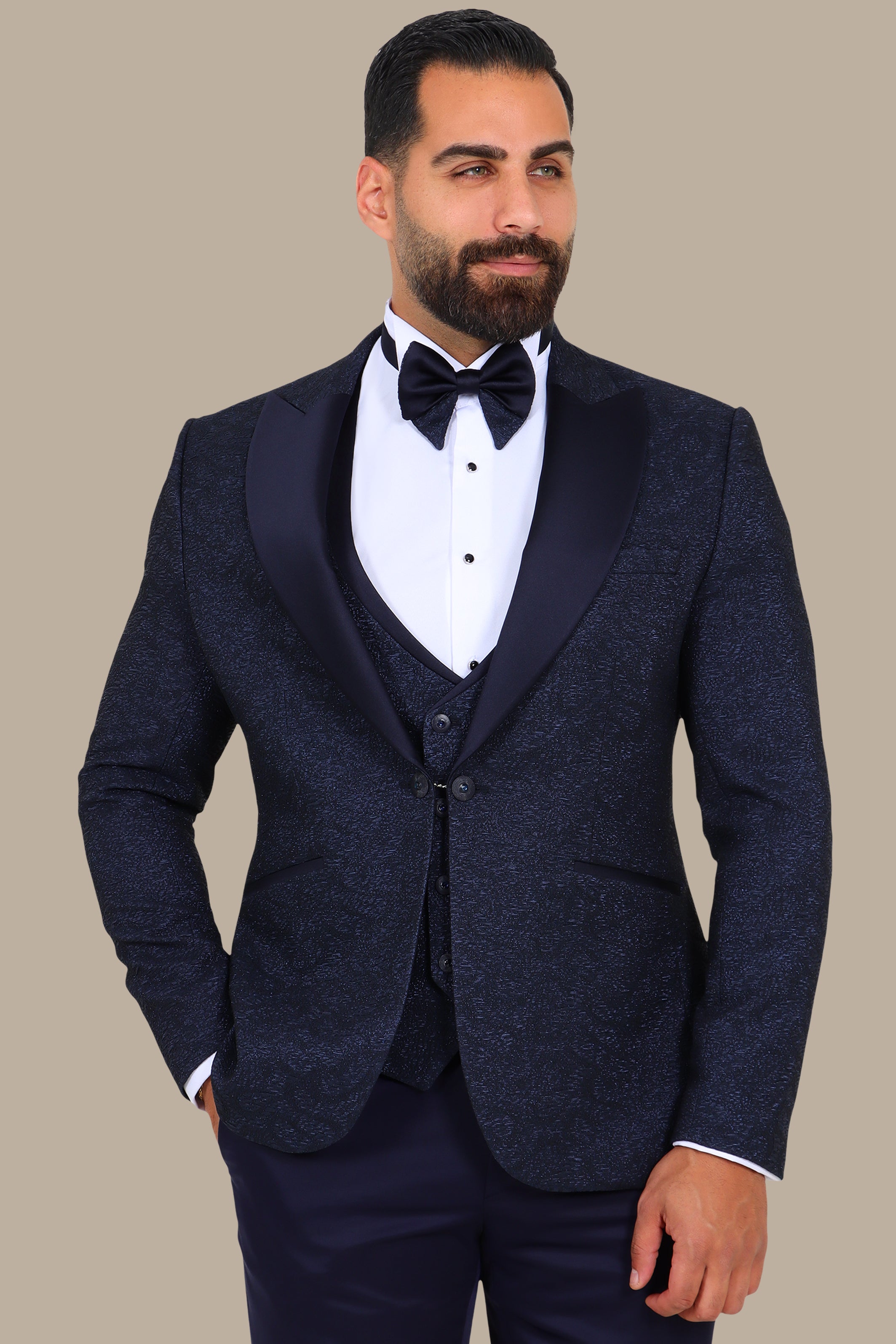 Navy Jacquard 4-Piece Peak Lapel Tuxedo Set