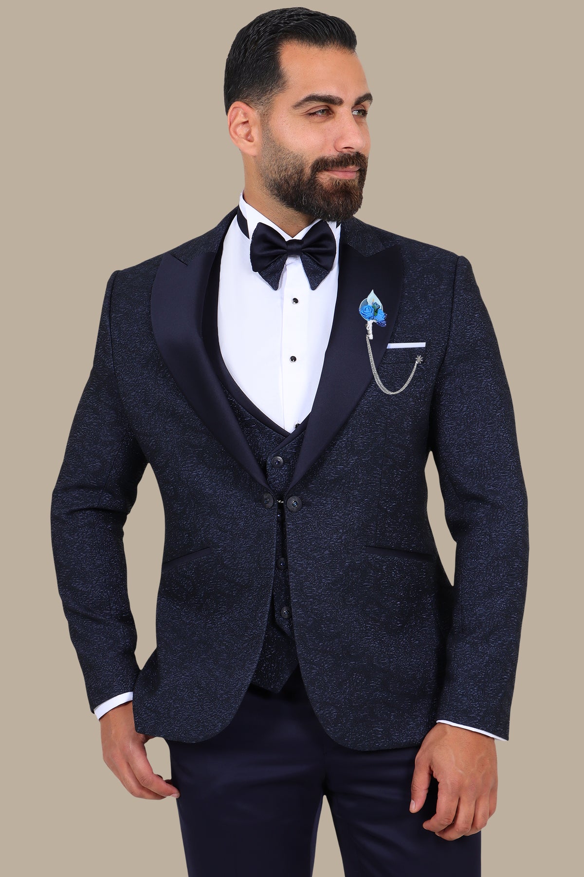 Navy Jacquard 4-Piece Peak Lapel Tuxedo Set