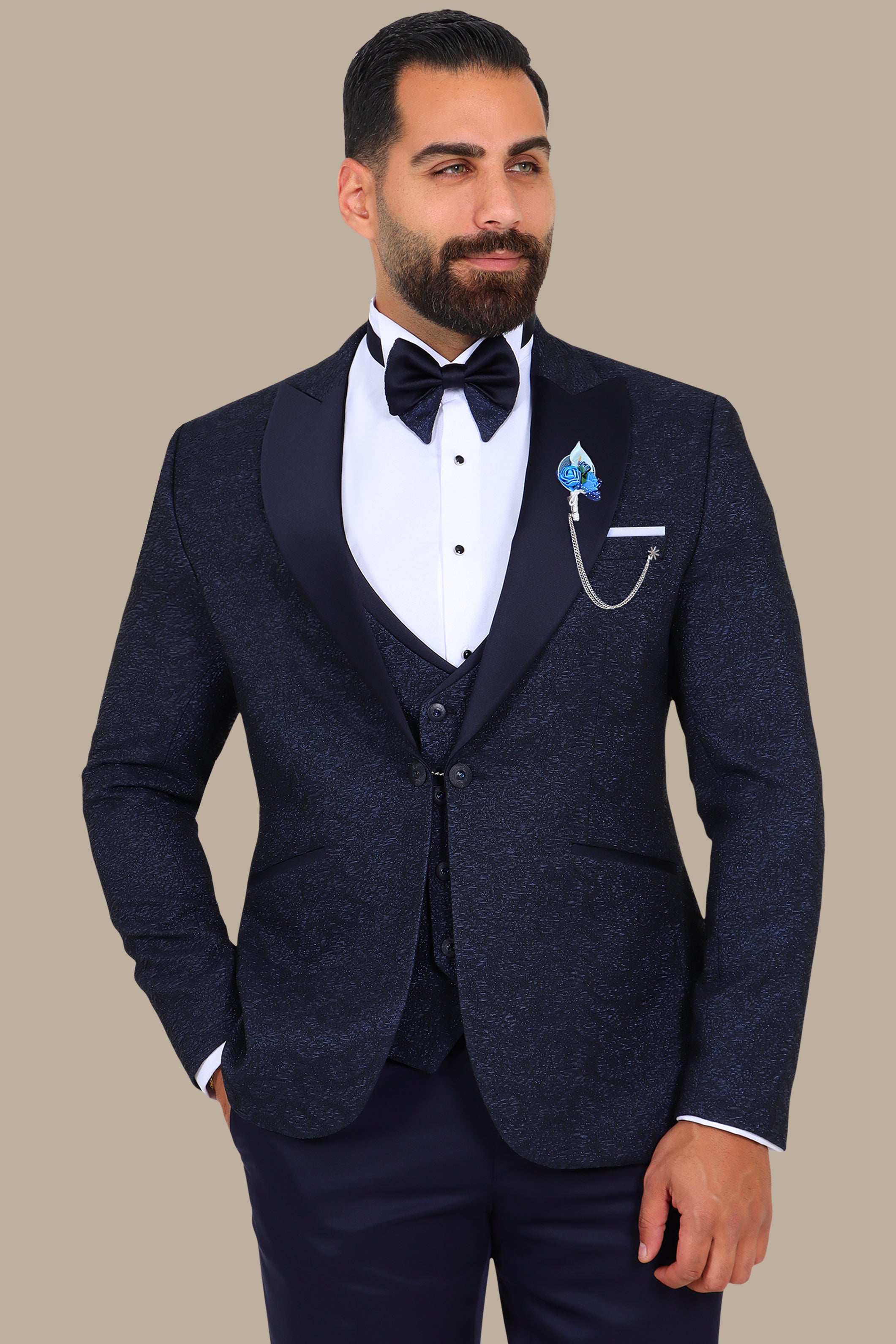 Navy Jacquard 4-Piece Peak Lapel Tuxedo Set