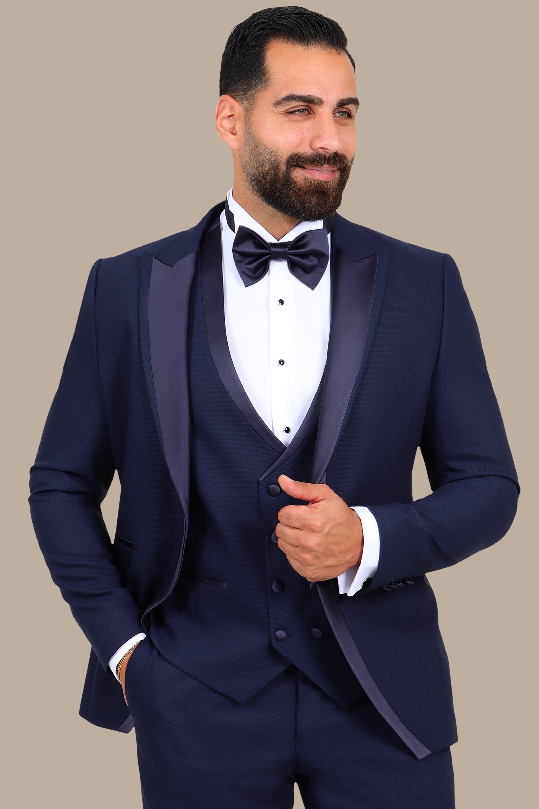 4-Piece Tuxedo Peak Lapel Mid Line Satin Navy