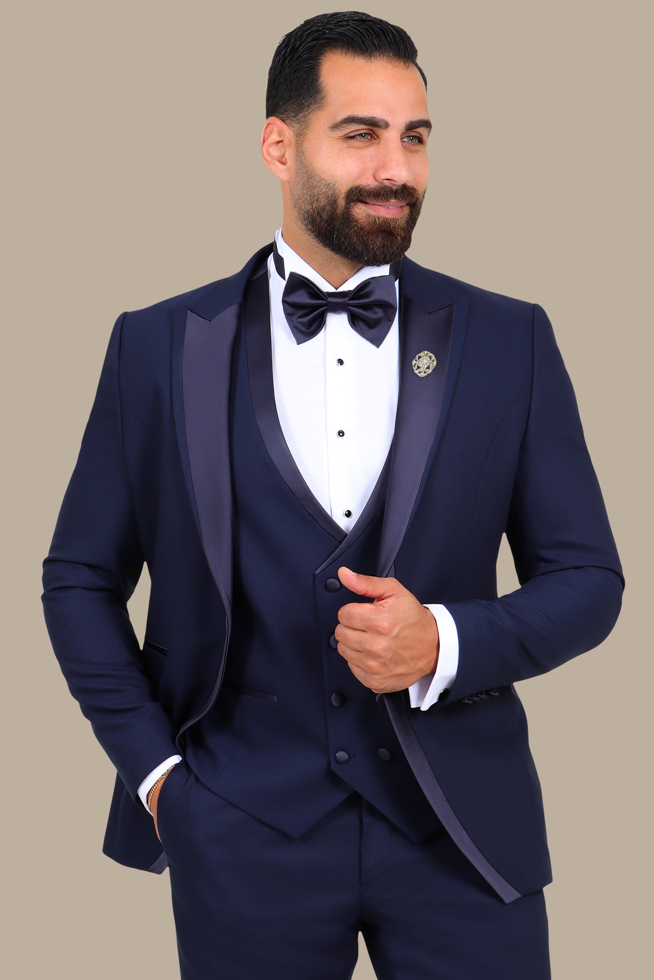 4-Piece Tuxedo Peak Lapel Mid Line Satin Navy