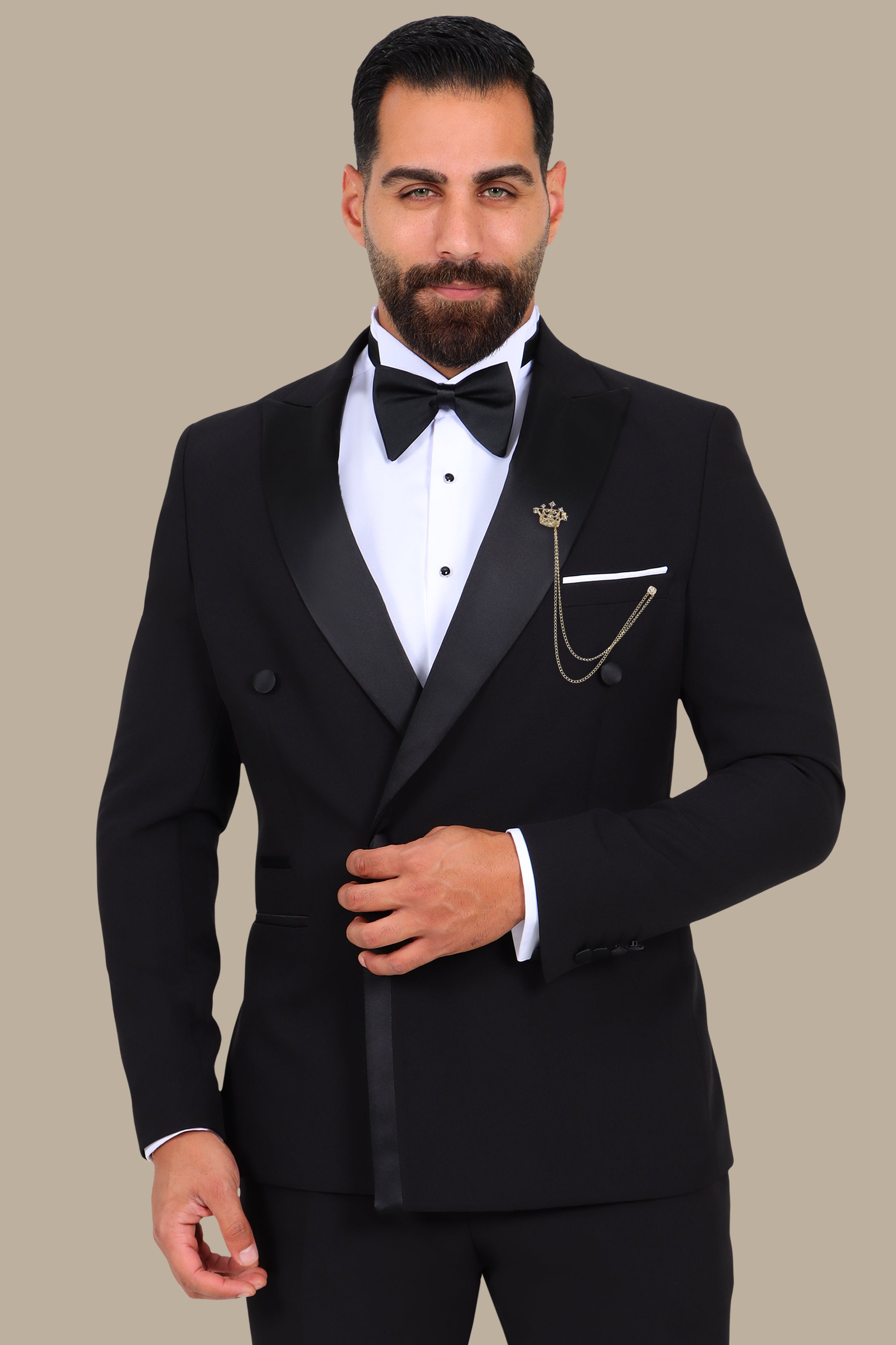 3-Piece Tuxedo Double-Breasted 4-Button Peak Lapel Black